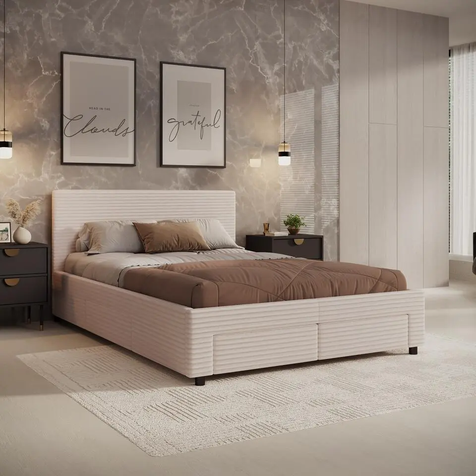Meubella - Tweepersoonsbed Suente - Beige ribstof - 140x200 cm