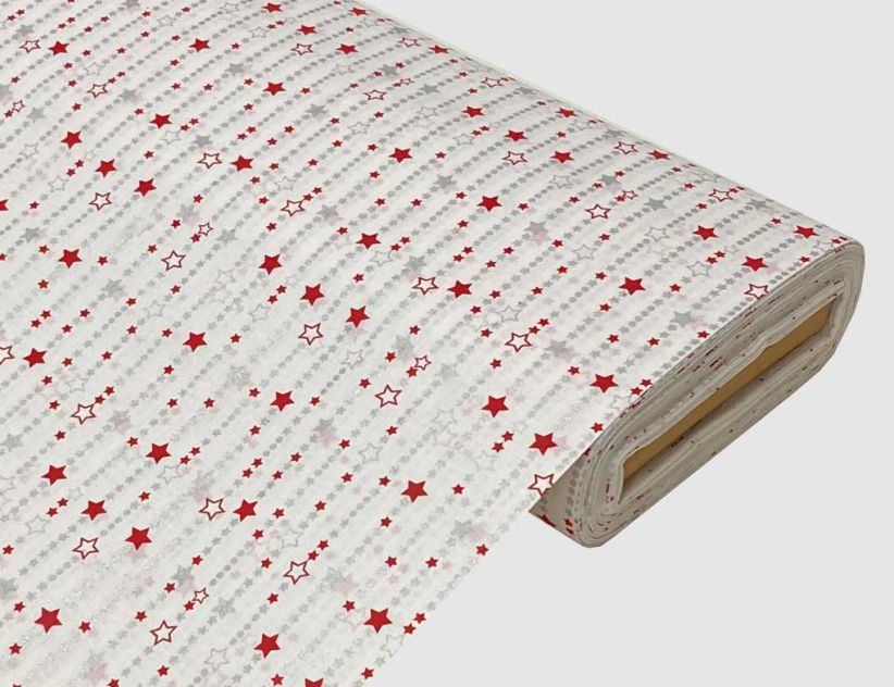 Dekostoff Sterne Weiß, Silber, Rot