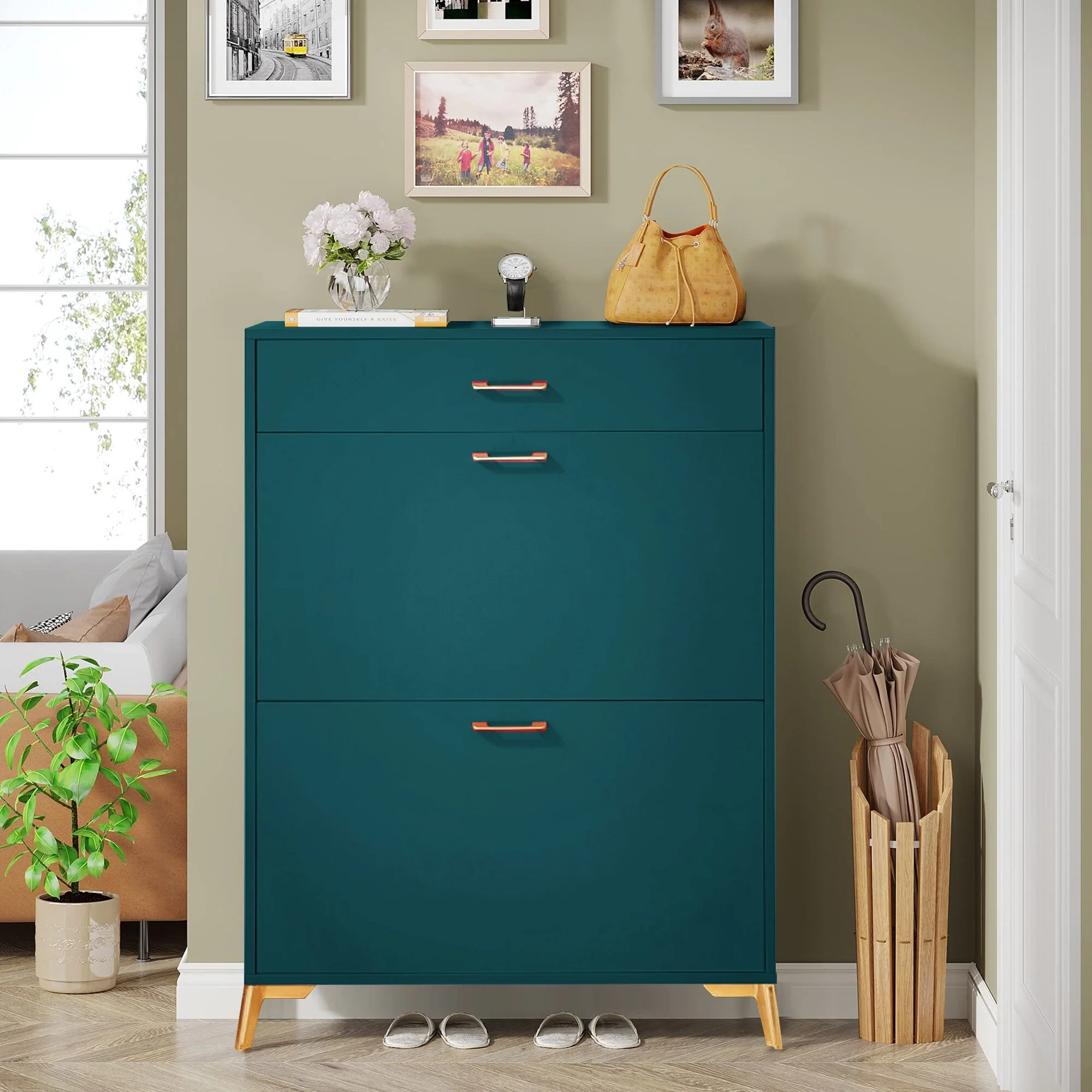 Freestanding Shoe Cabinet for Entryway, with 2 Flip Doors and Drawer - 32'W x 10''D x 43''H