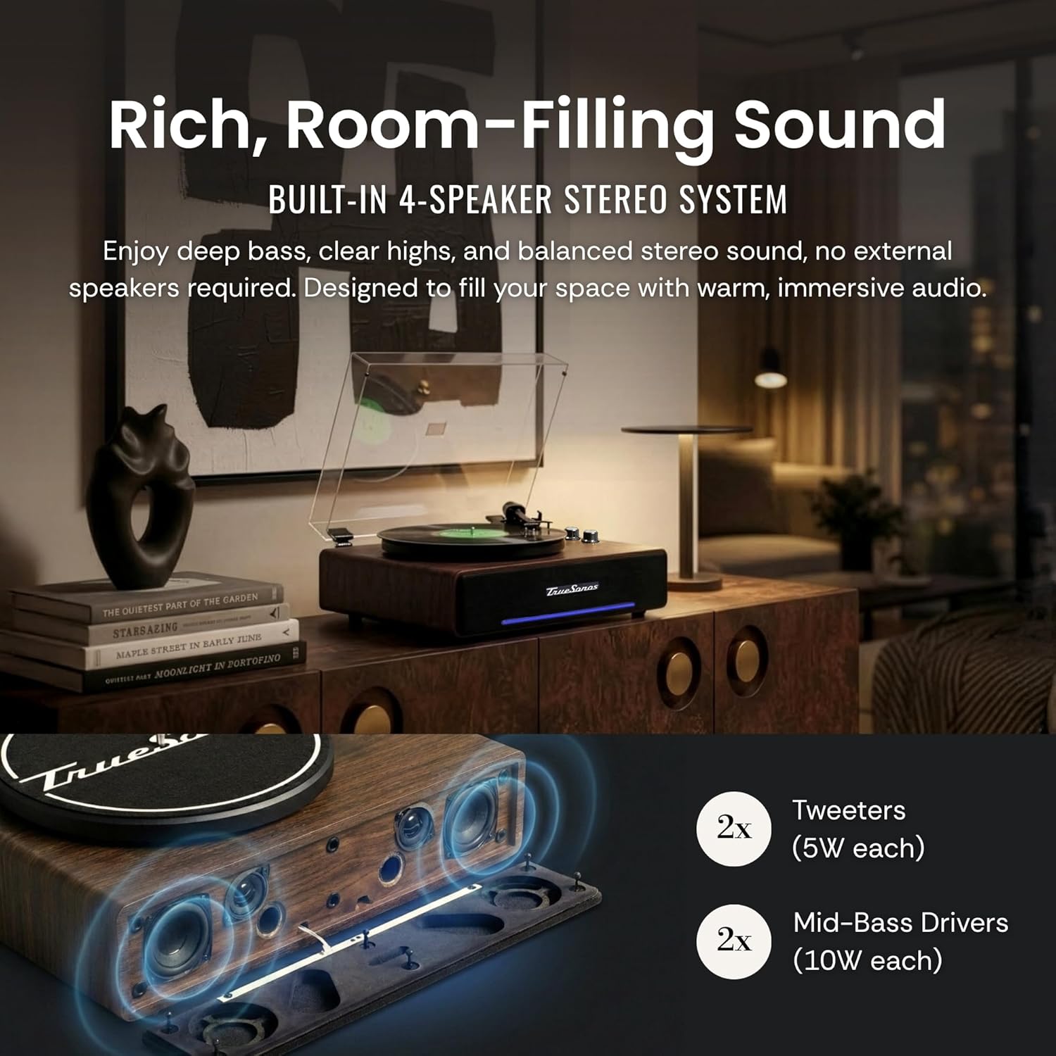 Hi-Fi Record Player with Speakers | Premium Vinyl Turntable with Bluetooth Capability | Built-in 4-Speaker Stereo System for Music Fans  Walnut Veneer + Black Trim