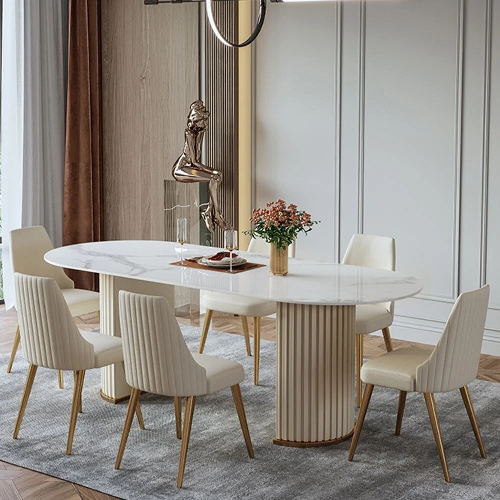 Modern Minimalist White Oval Dining Table with Glossy Sintered Stone Tabletop, Roman Column Frame Table Legs