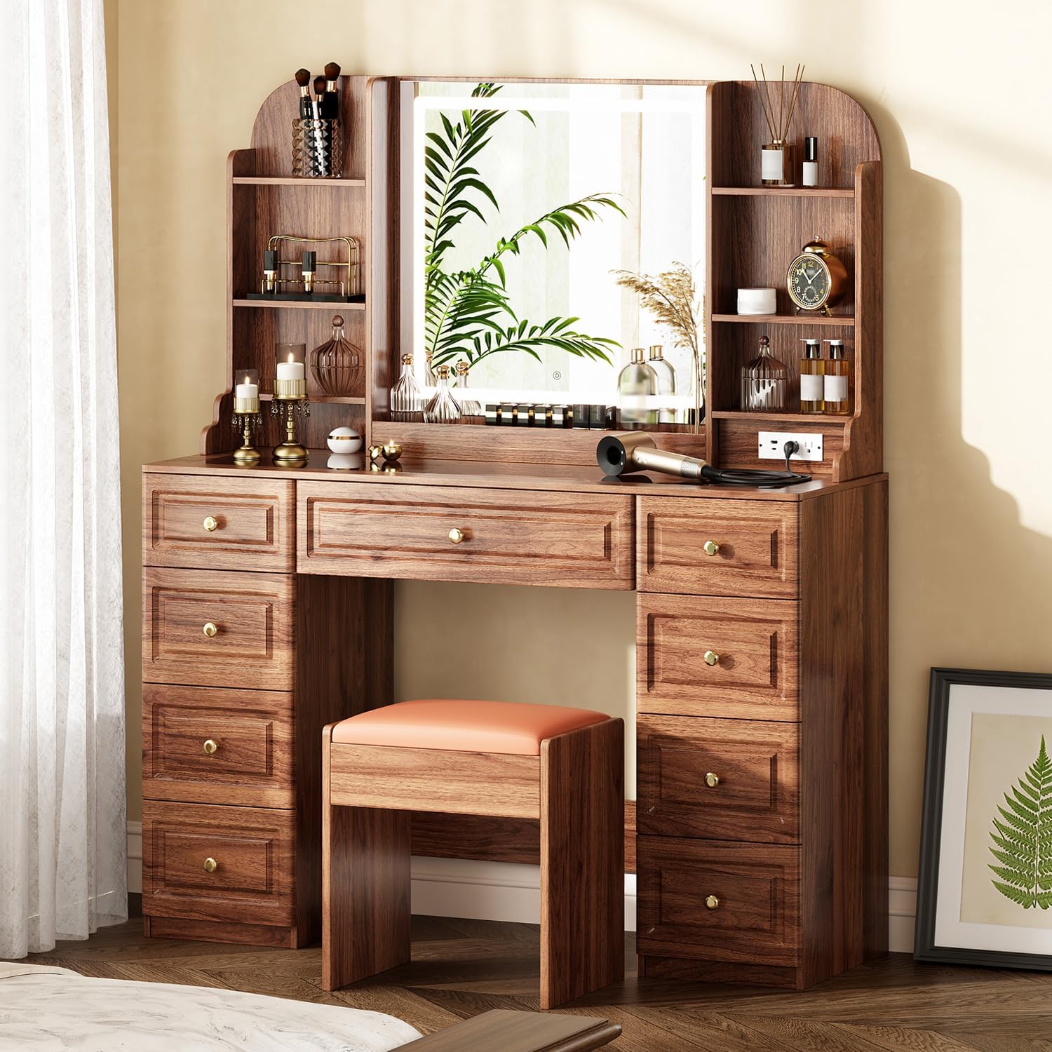 43 Makeup Vanity Desk with Mirror and Lights, & Power Outl, Glass Top Big Vanity Table with 9 Drawers& 8 Storage Shelves, Dressing Table Set with Chair for Bedroom, Brown