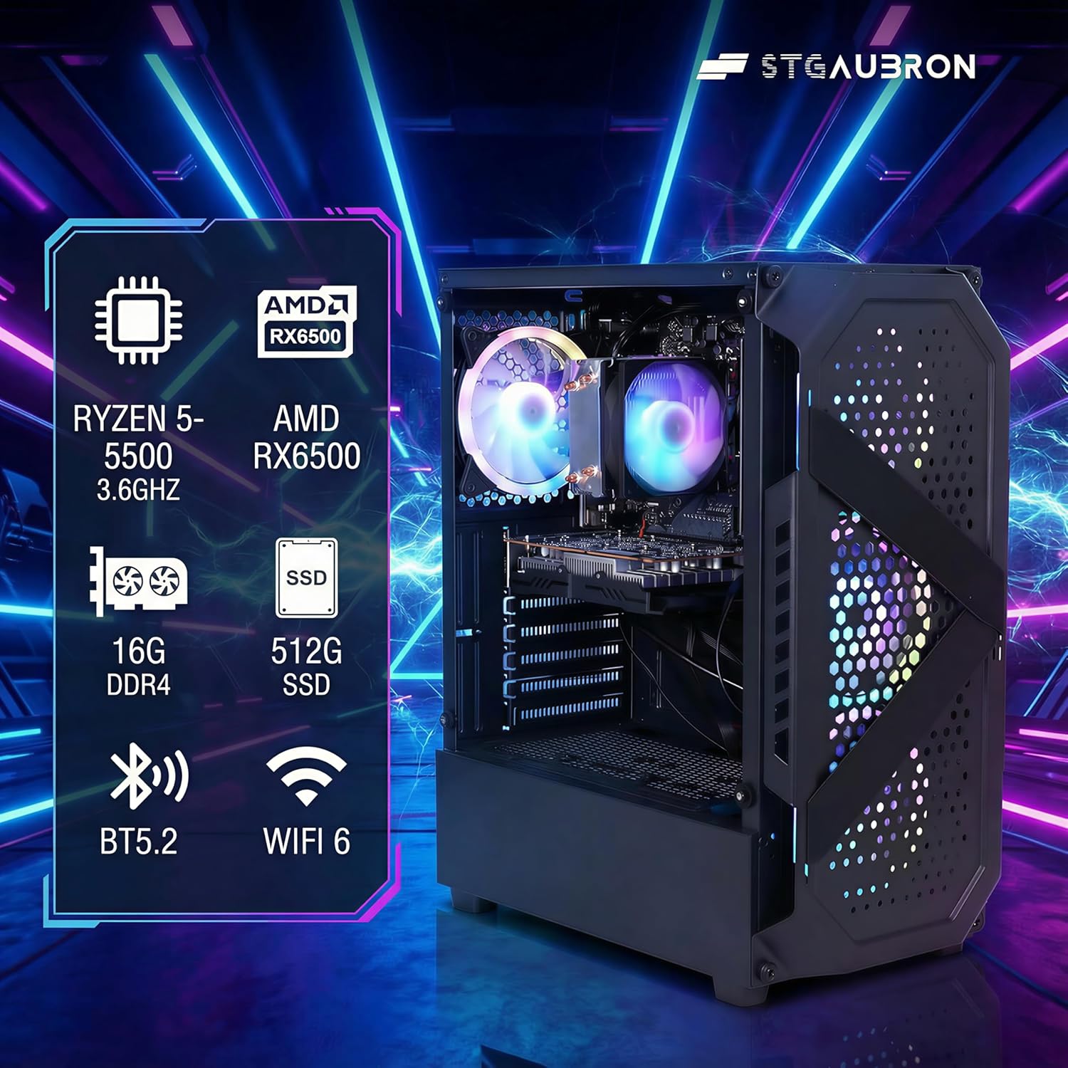 STGAubron Gaming PC Desktop Computer  AMD Ryzen 5 5500 up to 4.2G  Radeon RX 6500 4G  16GB DDR4  512GB SSD  WiFi 6  BT 5.2  RGB Fan x4  Windows 11 Home