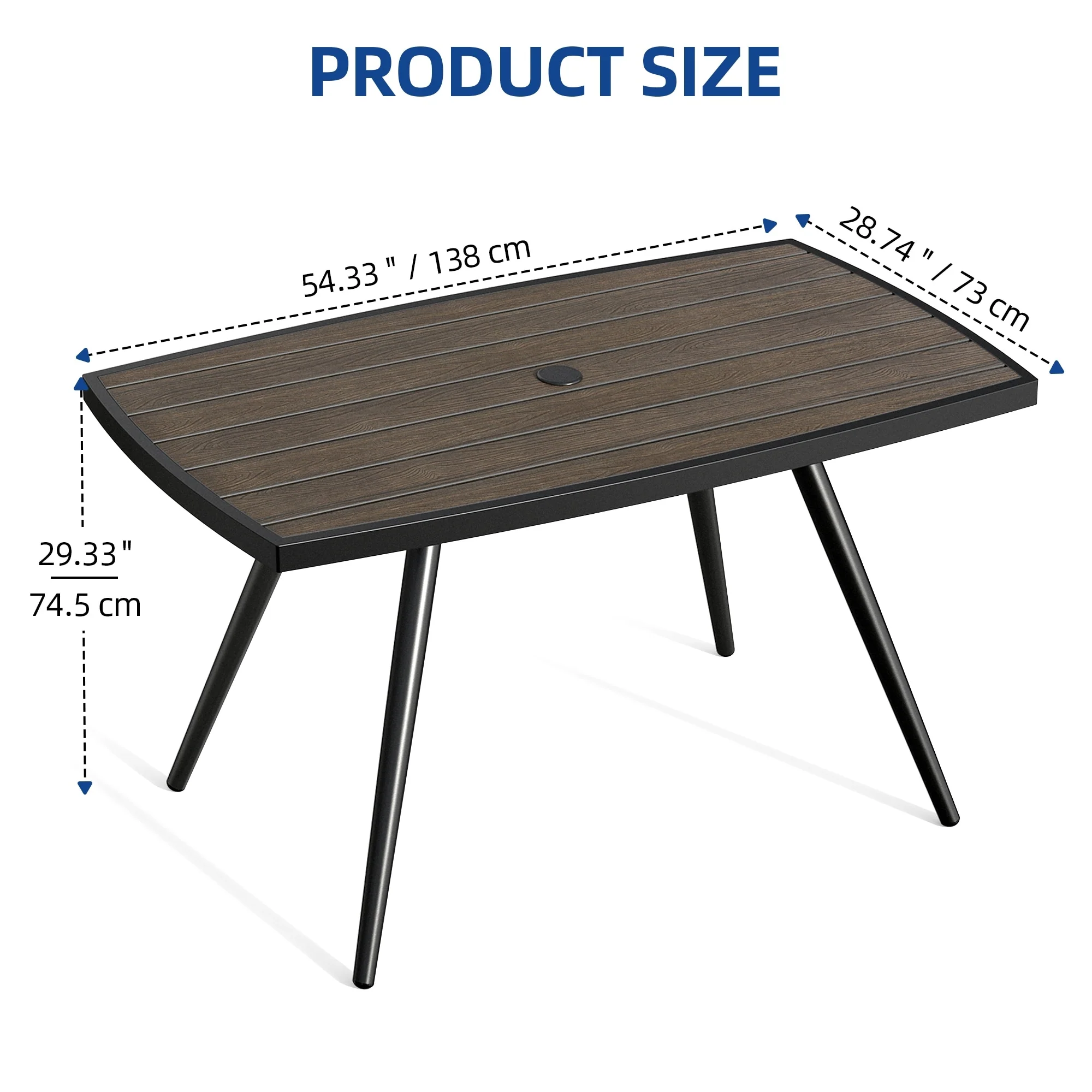 Moasis Outdoor Patio Rectangular 54 Dining Table with Faux Wood Brown Tabletop and Umbrella Hole