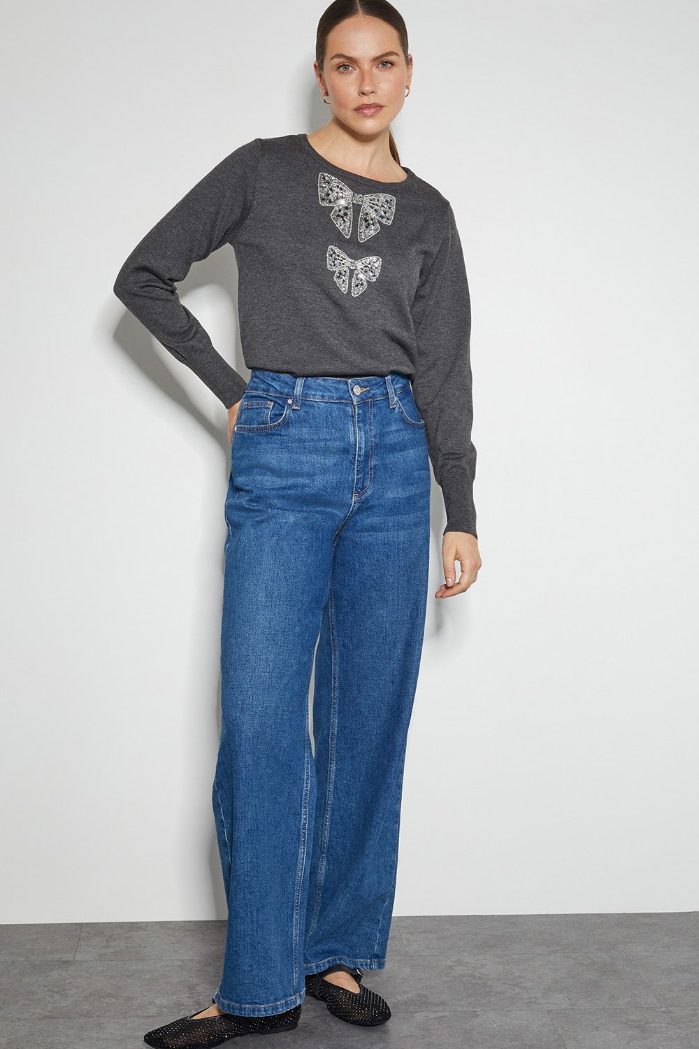 Monsoon Di Sequin Bow Crew Neck Jumper Grey