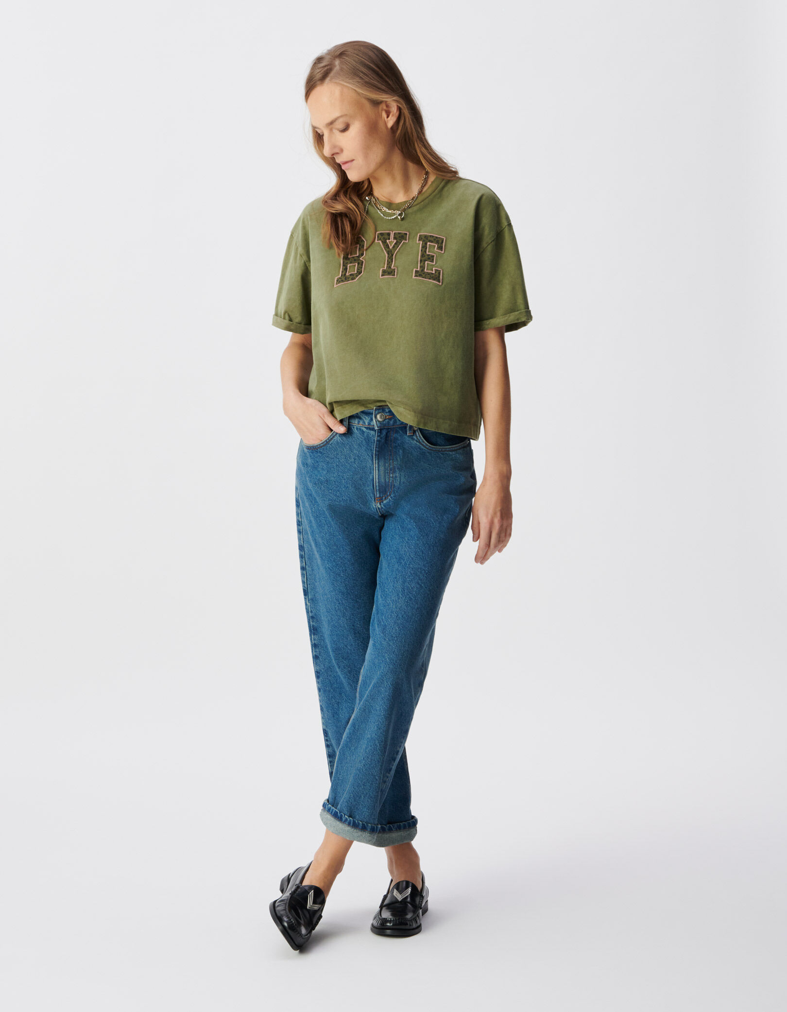 Tee-shirt kaki coton bio message léopard brodé Femme
