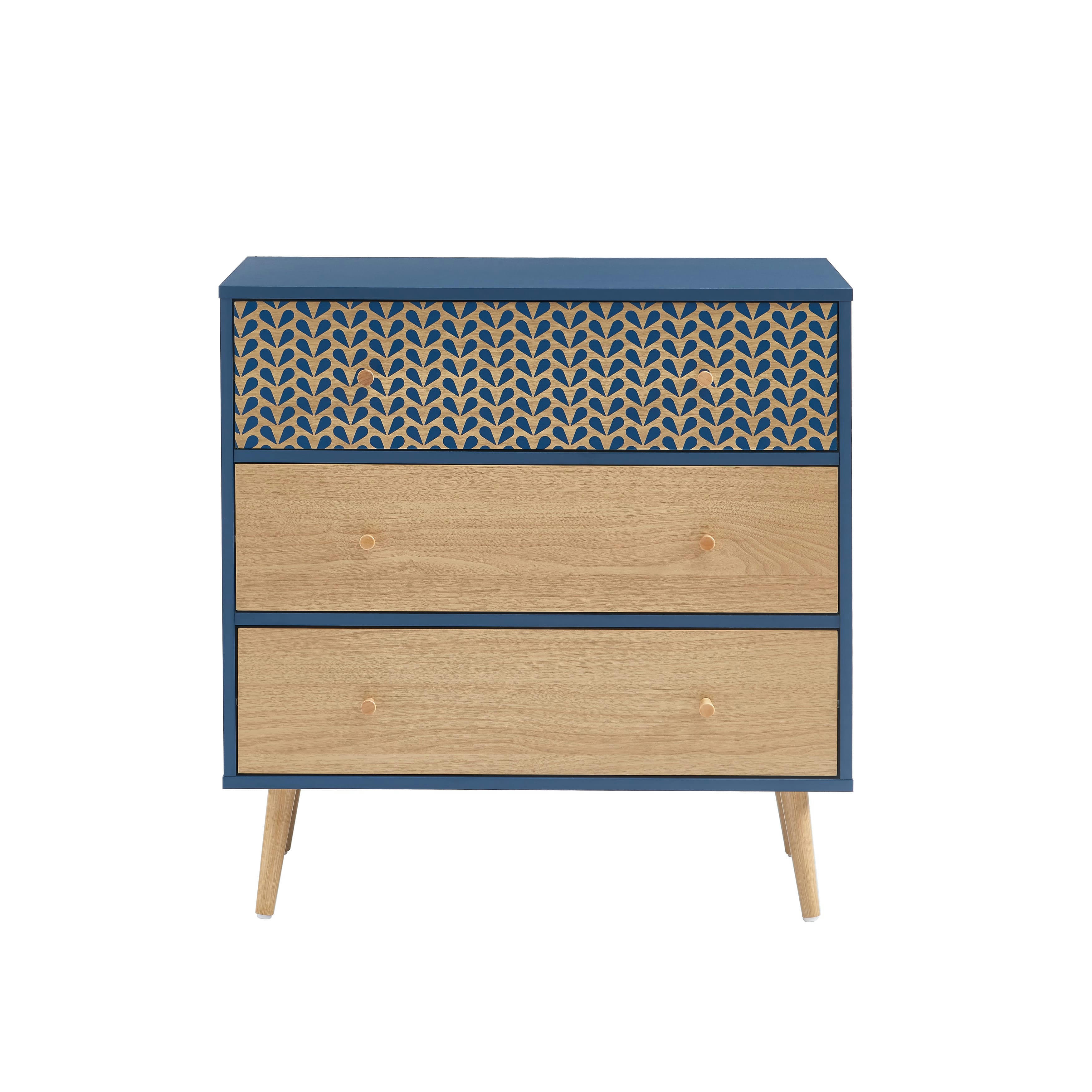 CAPUCINE - Commode   bleu pétrole et effet bois et chêne 3 tiroirs 78cm