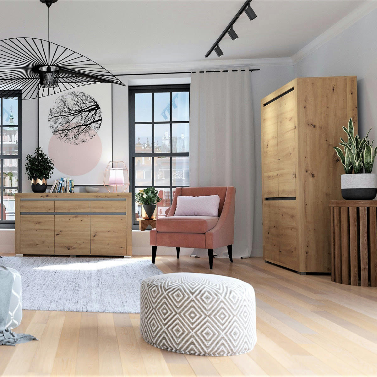 - Armoire 2 portes LED inclus stratifiés naturel et gris