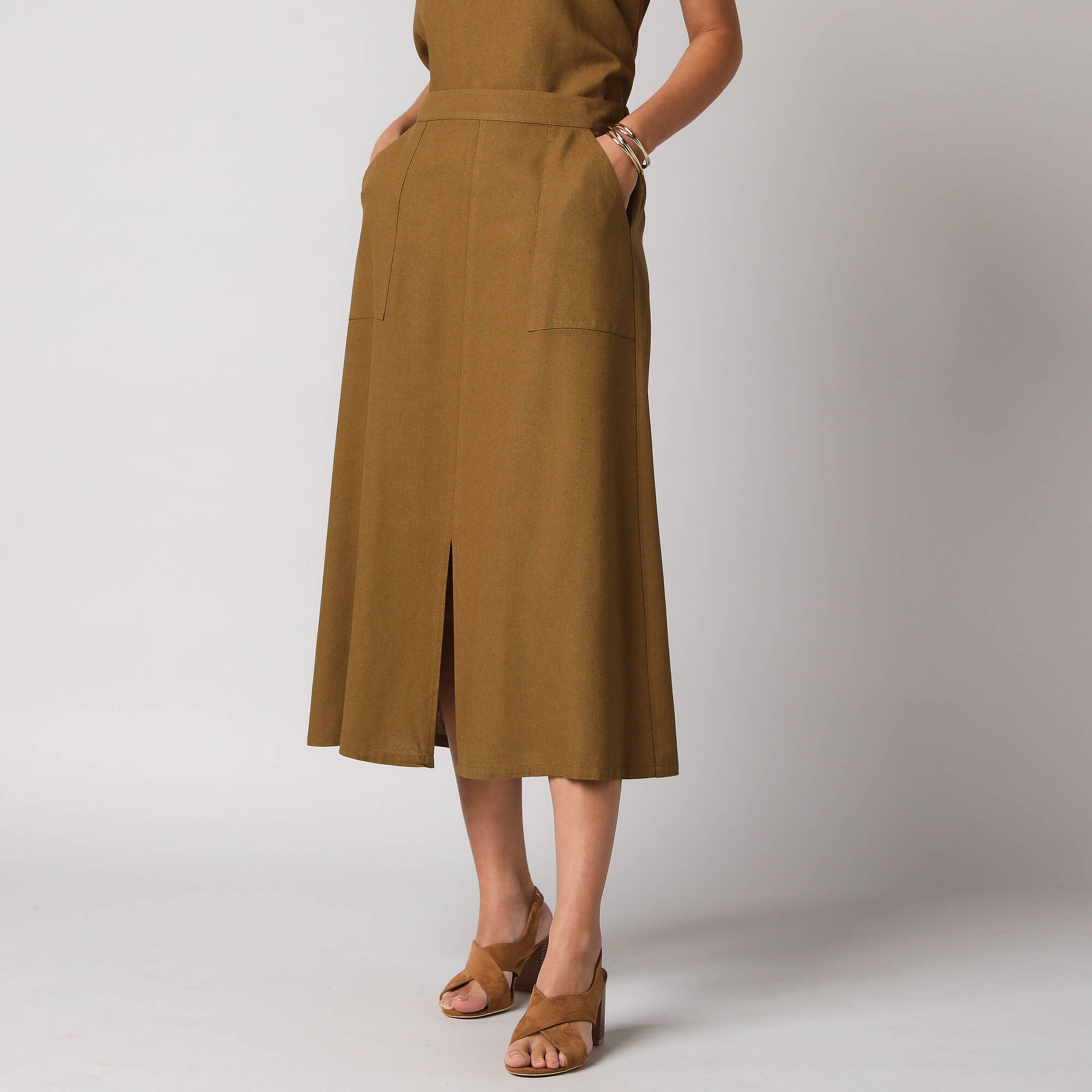 Jupe longue fluide fendue, en viscose lin