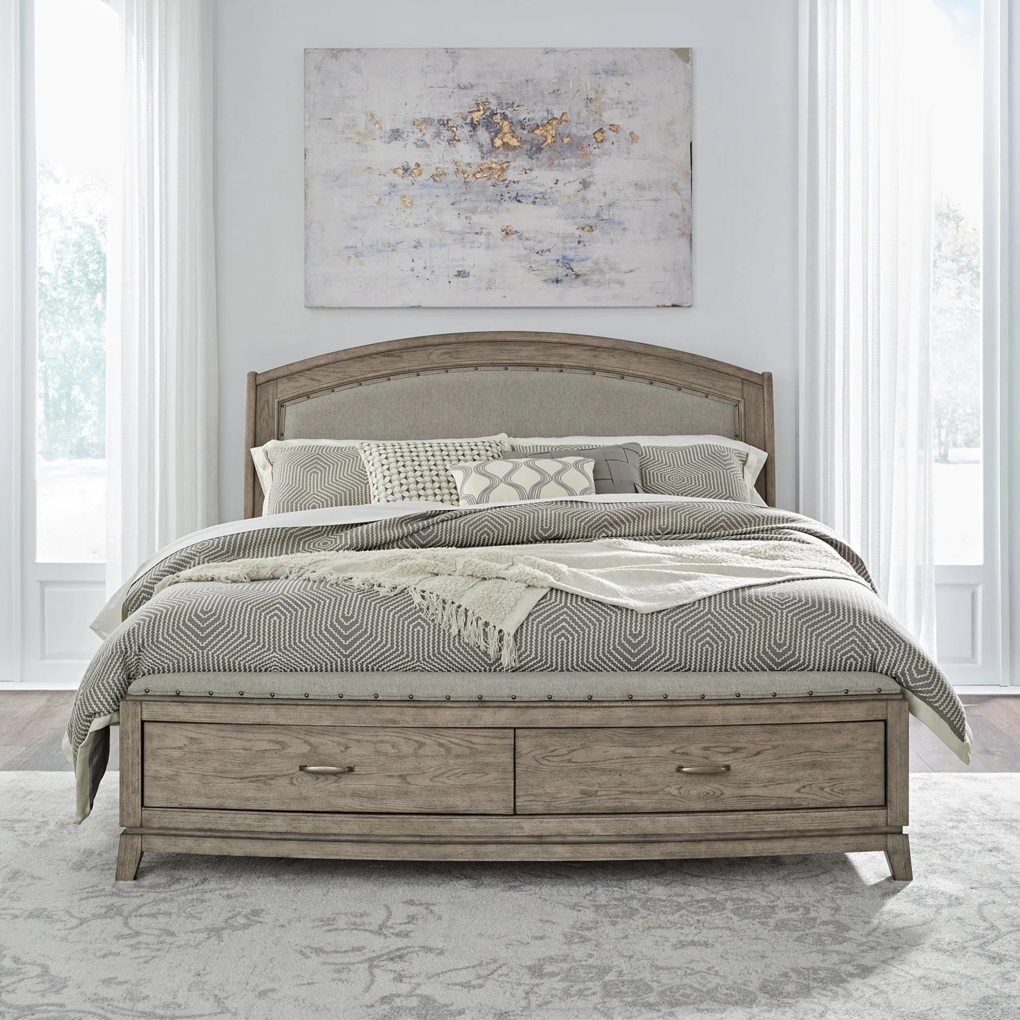 Avalon Burnished Beige Oak Queen Upholstered Storage Bed Bedroom Set