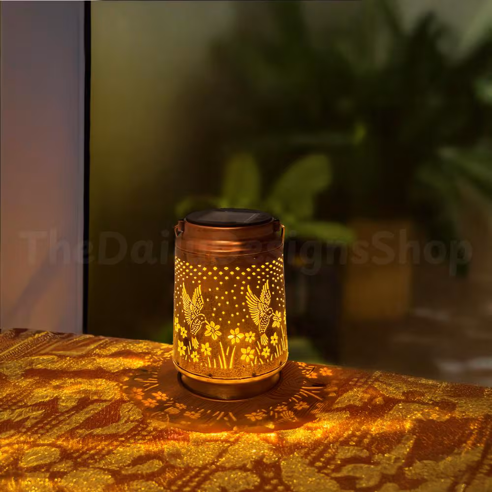 Hummingbird Solar Lantern: Metal Cut-Out Outdoor Hanging Light