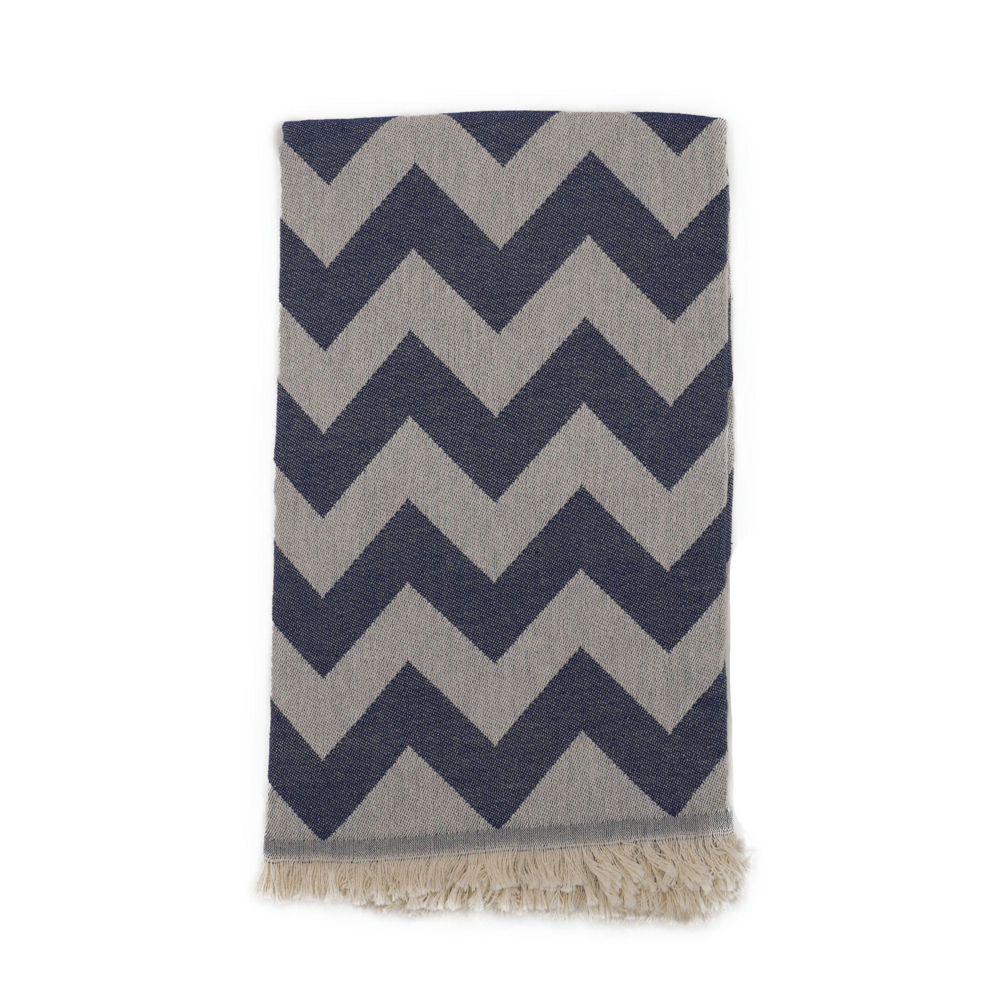 - Fouta zig-zag 100% coton bleu marin avec franges 95x170cm