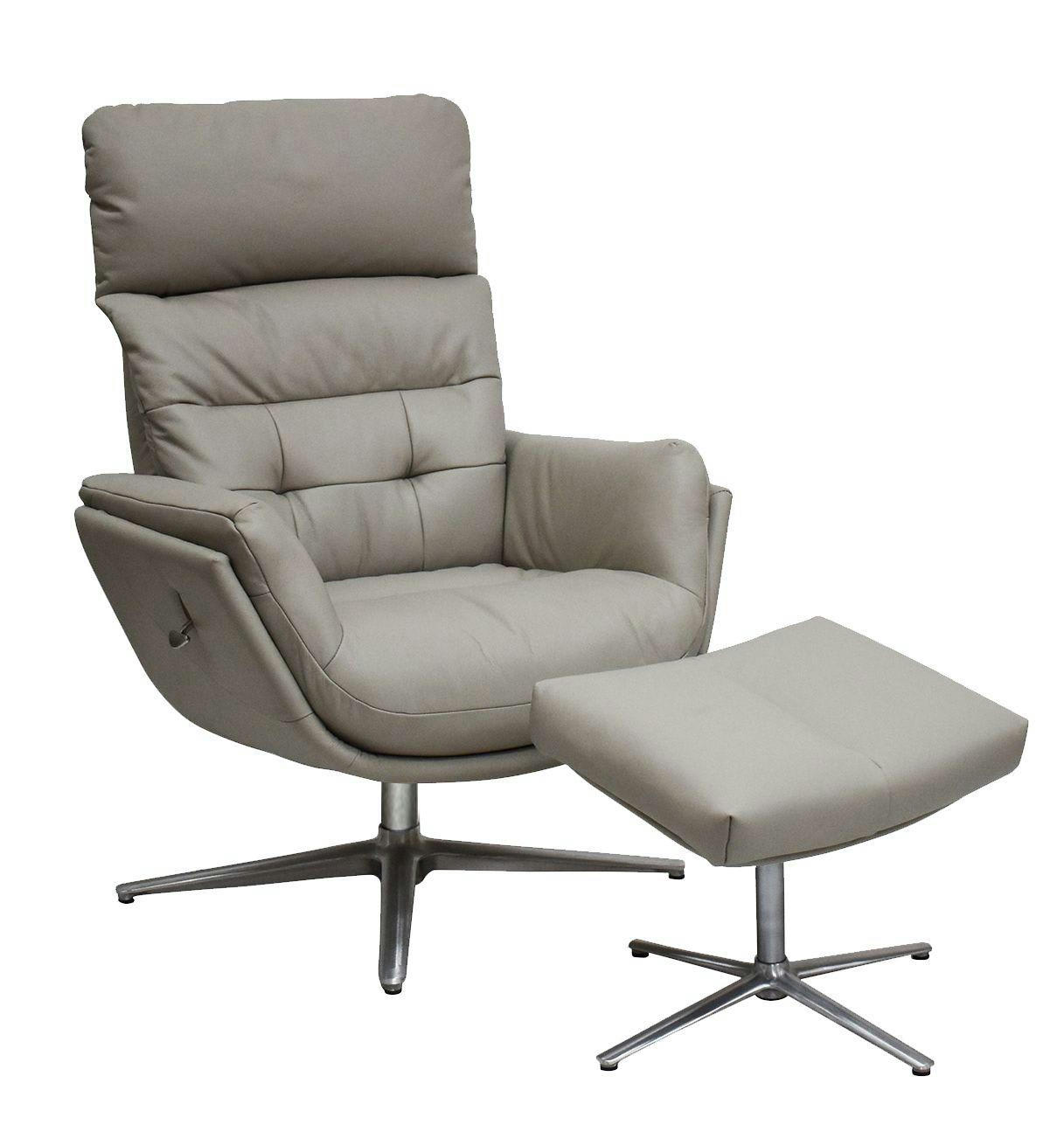 IZAR - Fauteuil relax avec pouf base étoile aluminium - Cuir Beige