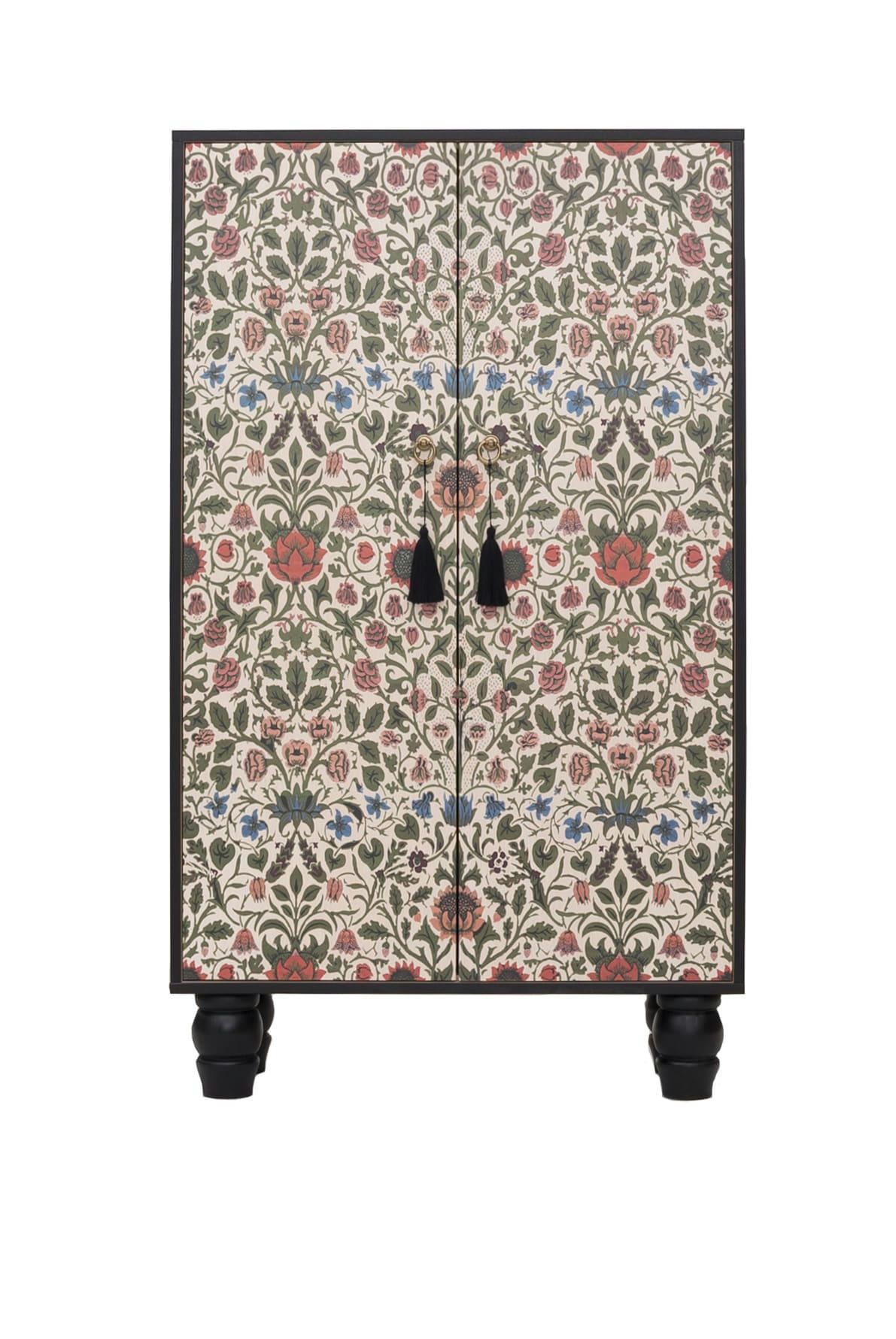 WILLIAMS - Buffet armoire en pin massif imprimé floral sur fond noir.