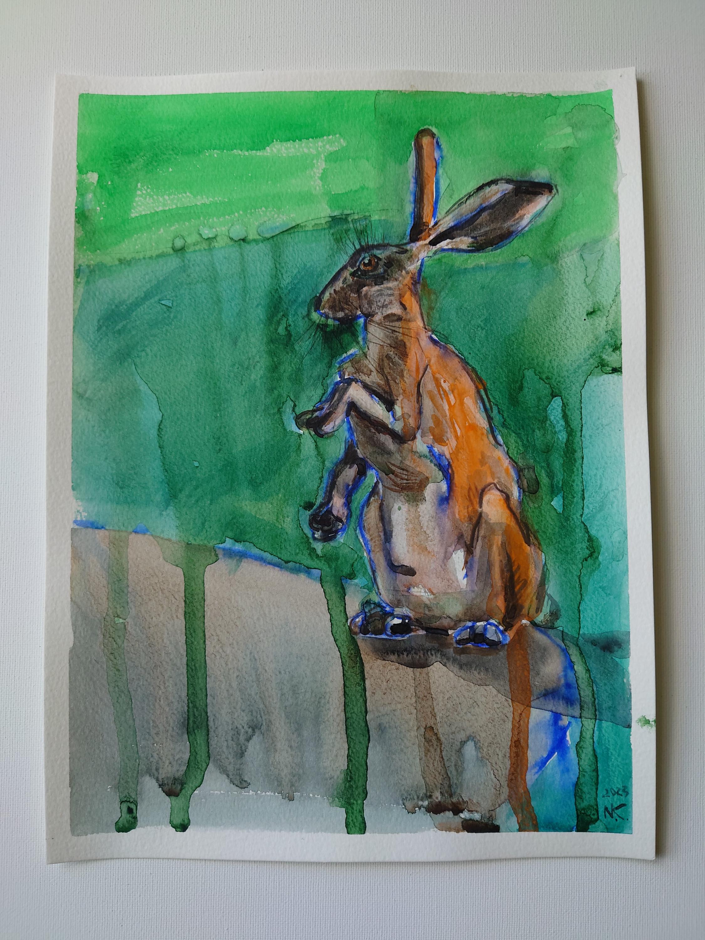 Original Watercolor Hare Painting, Standing Wild Rabbit Portrait, Wildlife Fine Art