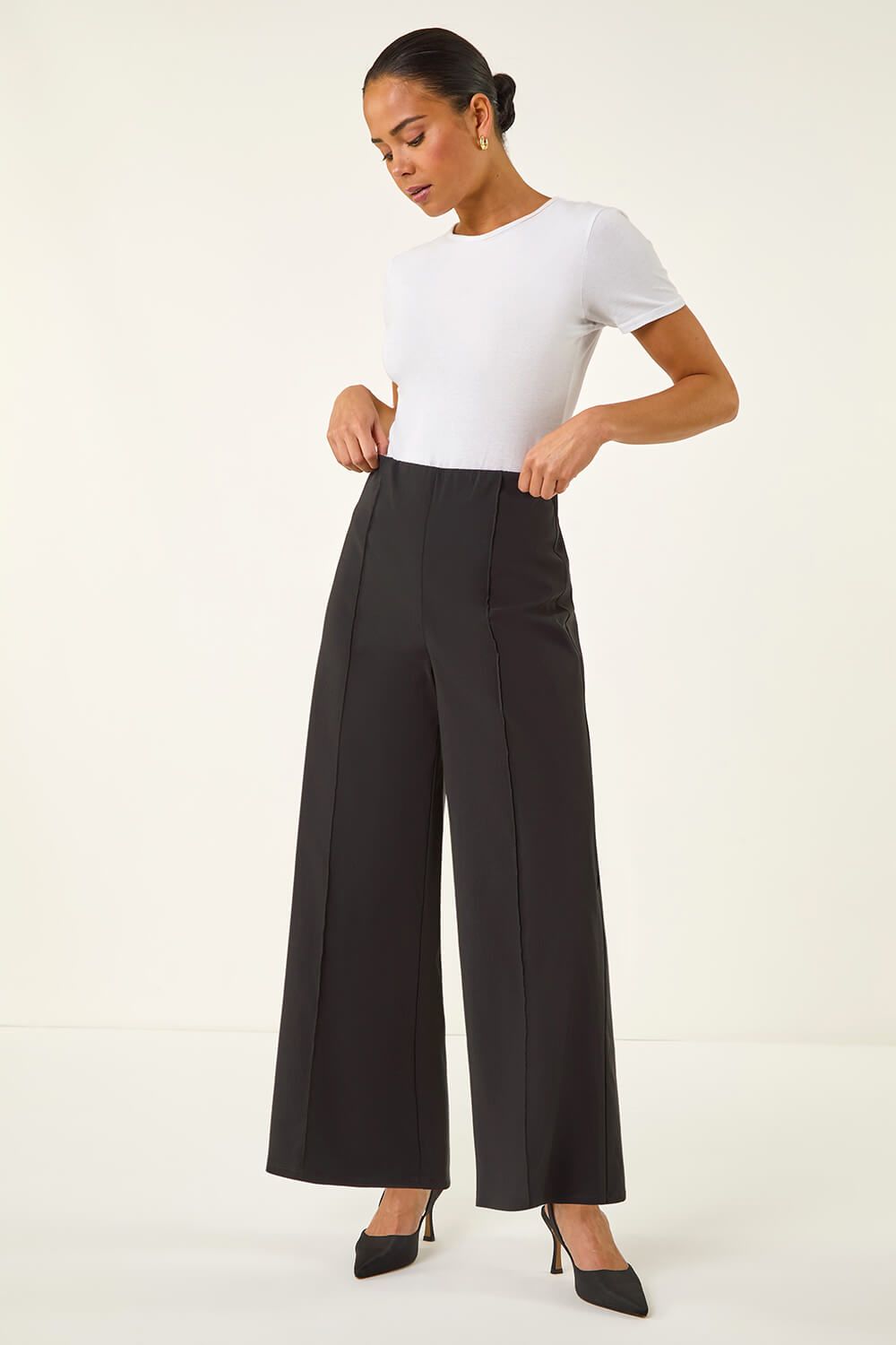 Roman Petite Pintuck Wide Leg Stretch Trouser