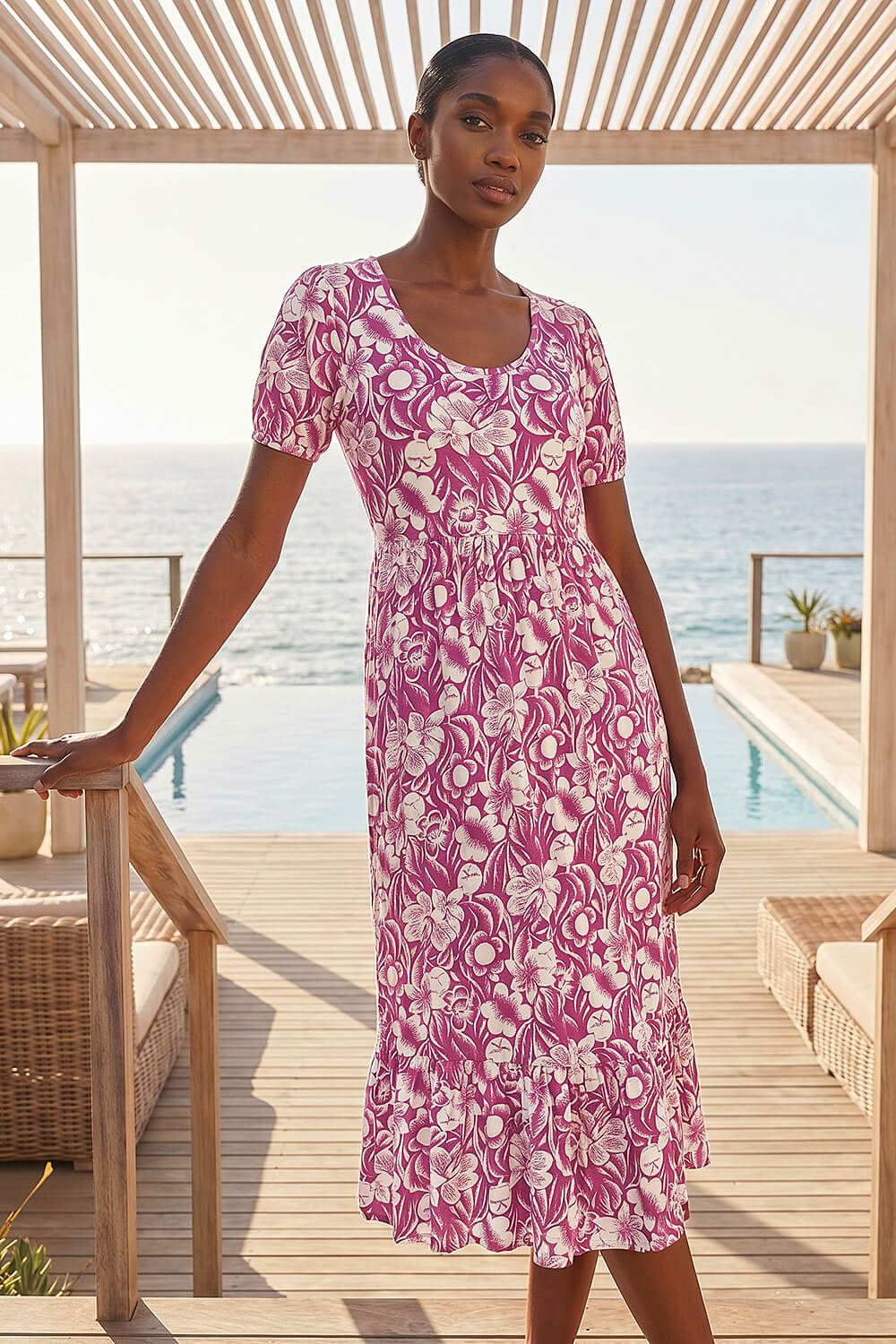 Roman Petite Floral Print Frill Midi Dress