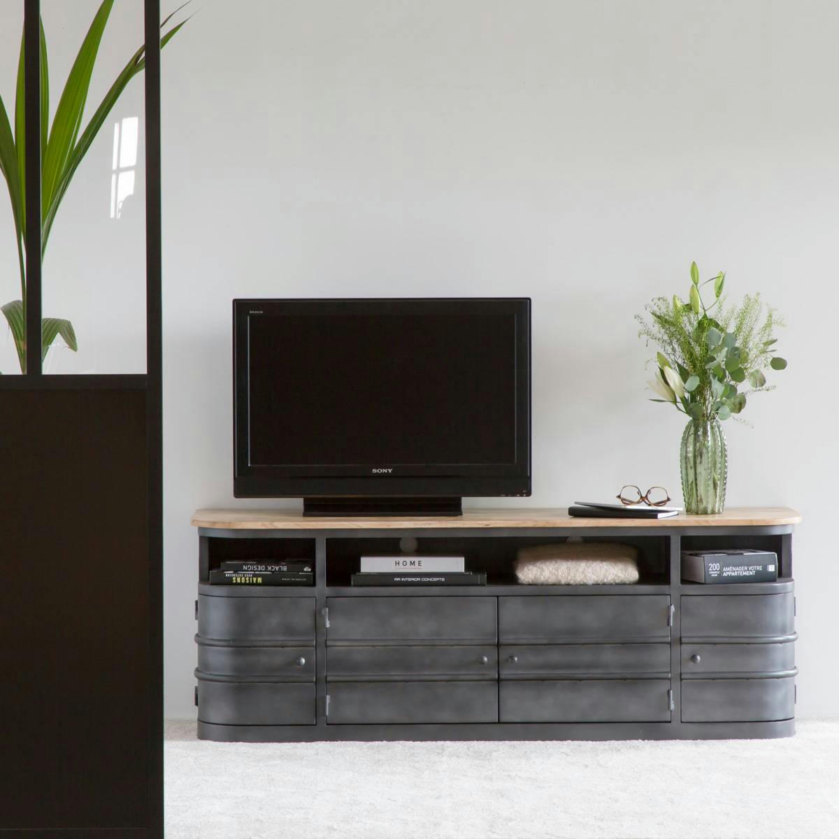 LOCKER - Meuble TV en métal gris 160 cm