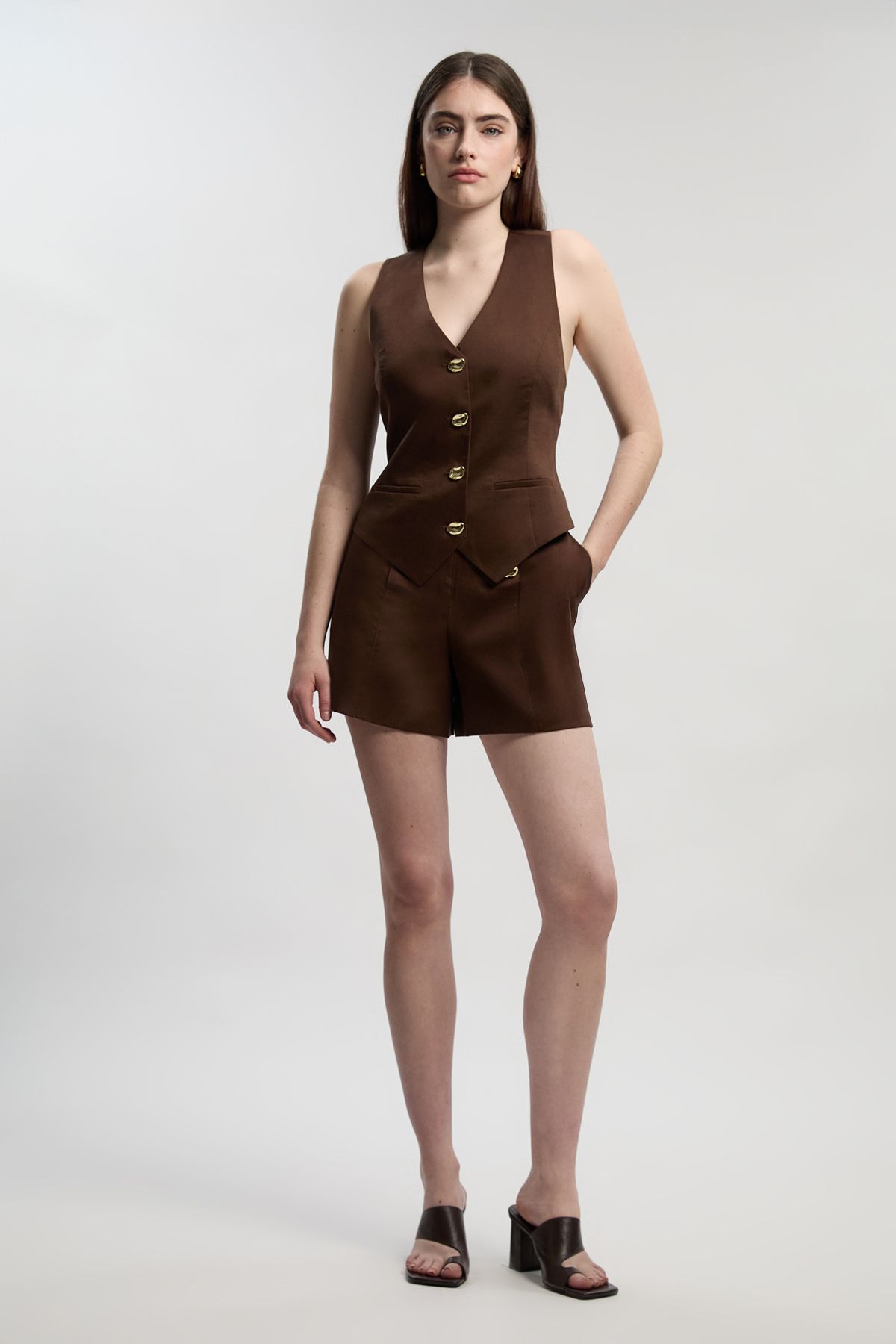 KarenMillen Petite Tailored Linen Corset Back Detail Waistcoat