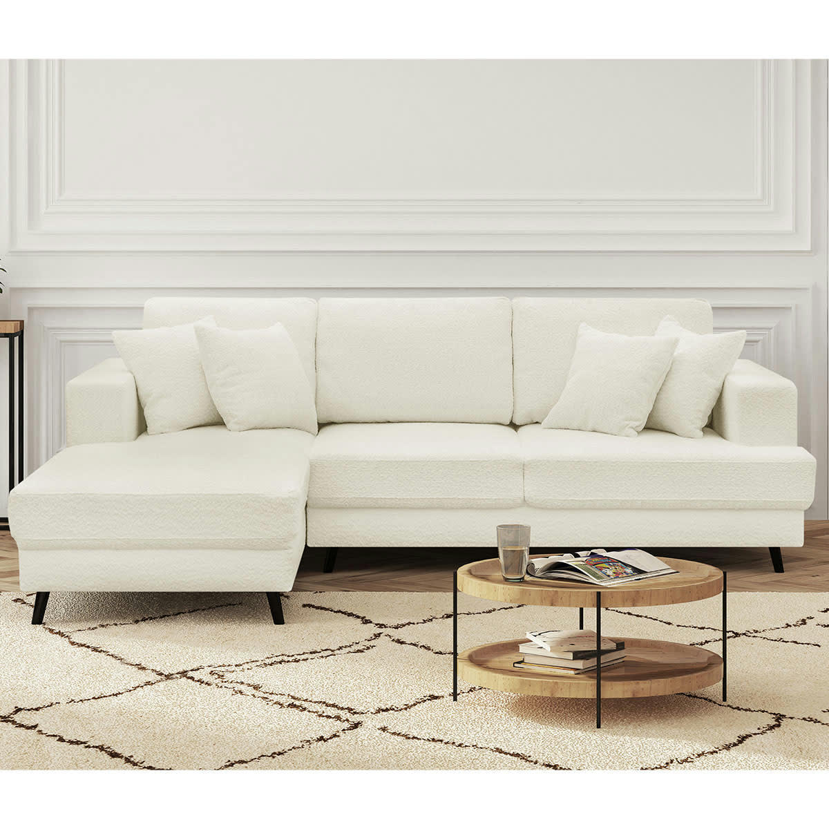 MARCEAU - Canapé d'angle gauche convertible 4 places en tissu bouclette écru