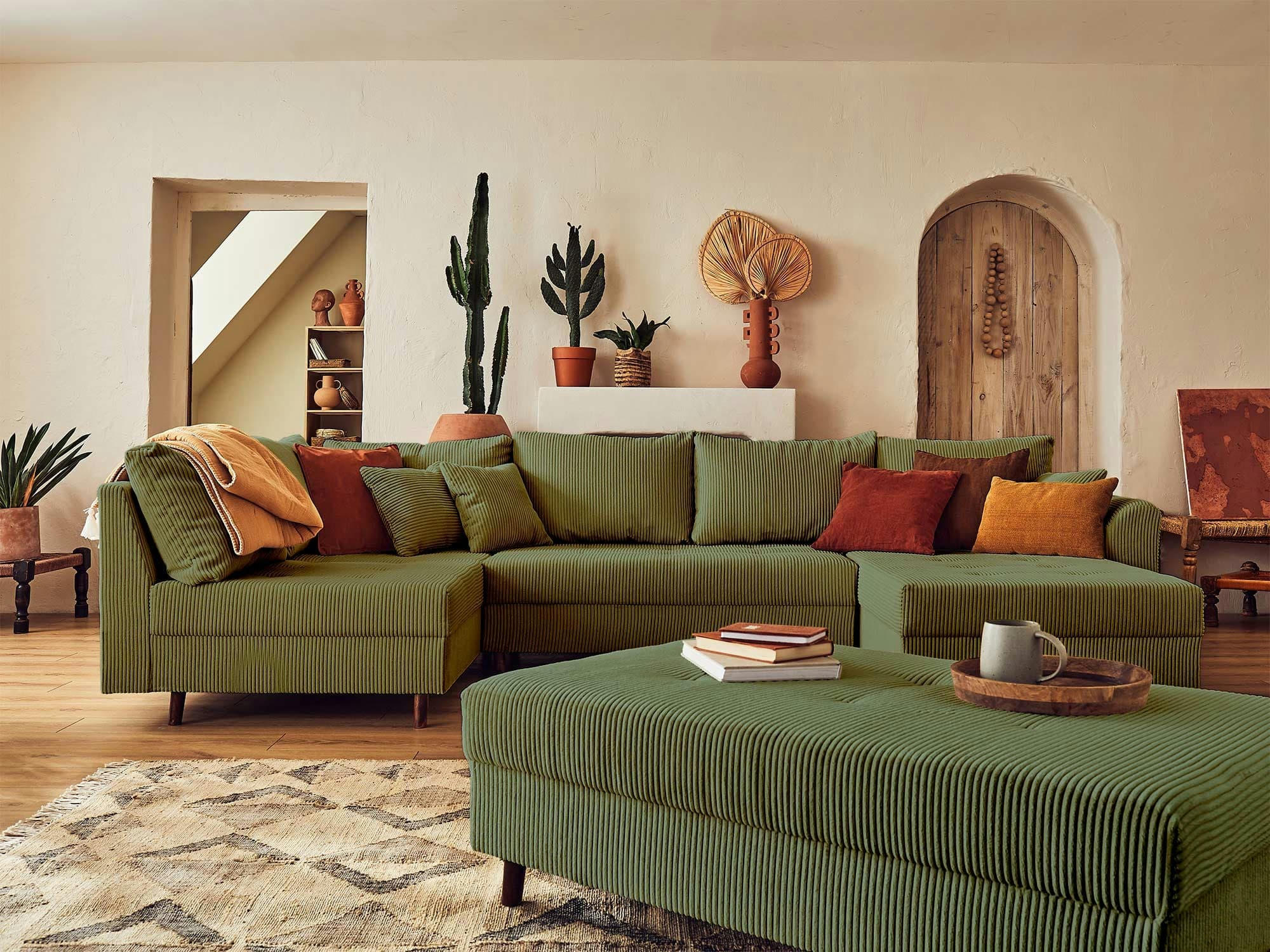 RUNE - Canapé d'angle gauche convertible 7 places en velours côtelé vert