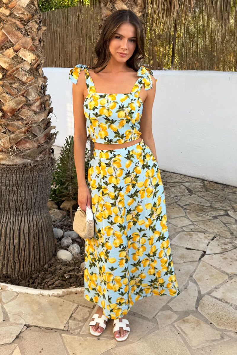 AX Paris Blue Lemon Print Tie Strap Crop Top