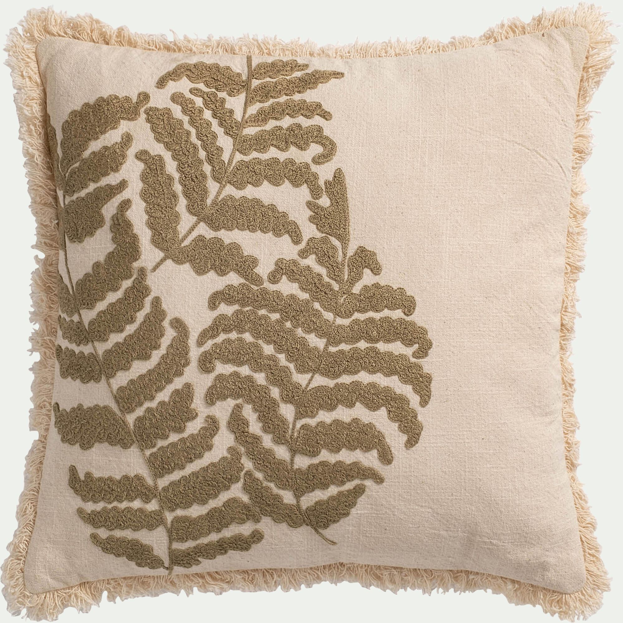 TESSIA - Coussin brodé finition frange en coton 45x45cm - beige