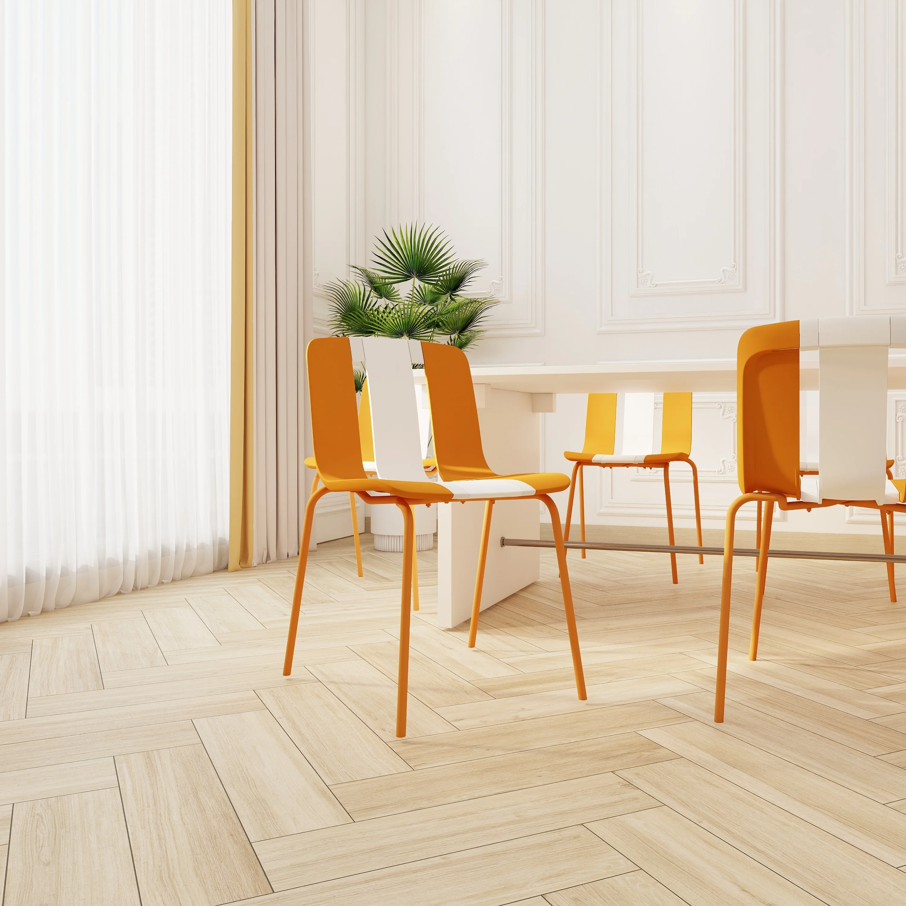 4-Pack Modern Striped Color Block Chairs - Indoor/Outdoor PP Plastic Seat & Sturdy Metal Legs, Vibrant Yellow, Orange, Green