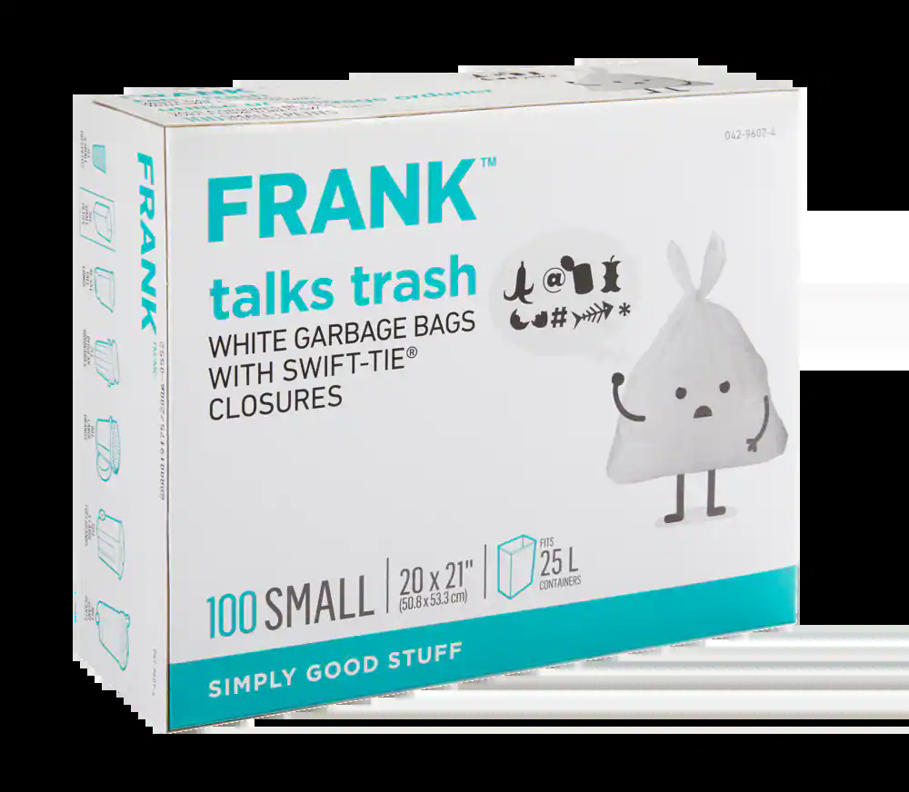 FRANK Small Swift-Tie Unscented Garbage Bags, 100-pk, White, 25-L