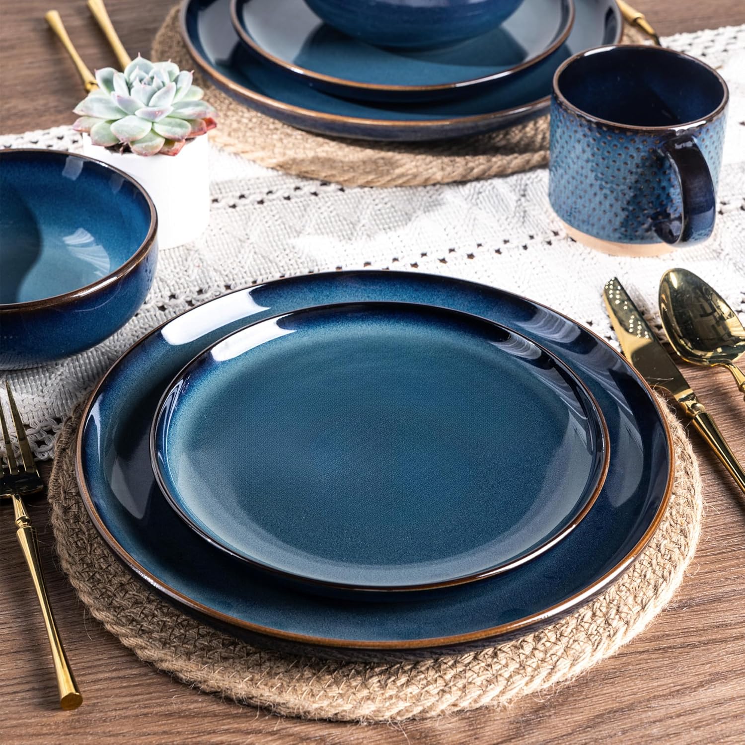 GBHOME Ceramic Dinnerware Sets for 4, 12 Pieces Stoneware Plates and Bowls Sets, Scratch Resistant Dishes, Dishwasher & Microwave Safe, Reactive Glaze-Pacific Blue