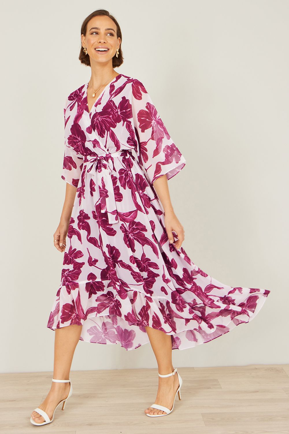 Yumi White And Pink Kimono Sleeves Midi Dip Hem Wrap Midi Dress