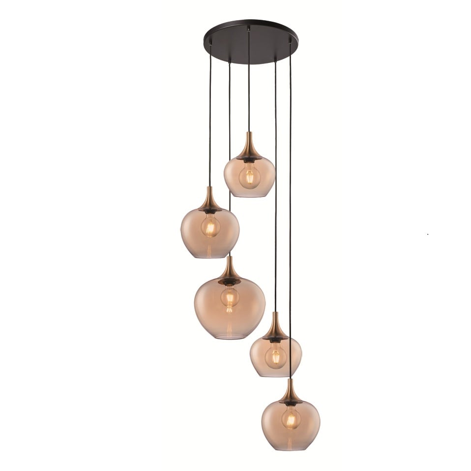 Freelight Freelight Hanglamp Fresu Amber Glas 5 Lichts Ø 40cm Videlamp