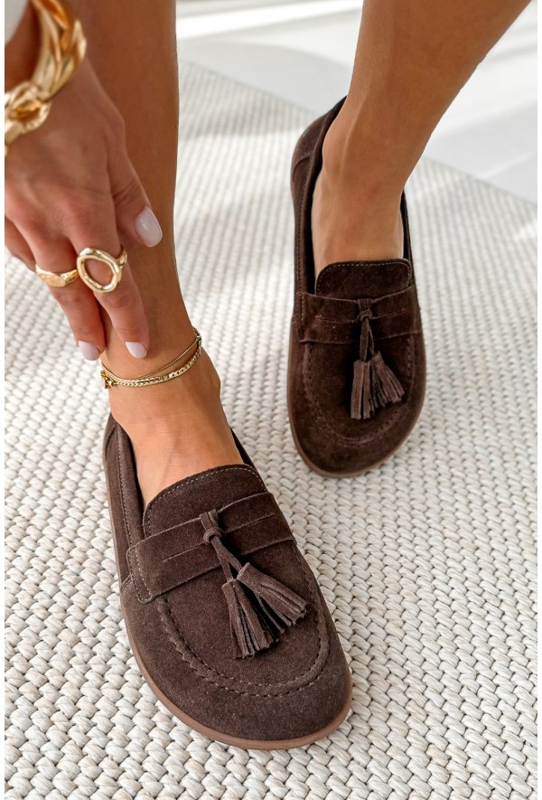 Brązowe zamszowe mokasyny barefoot Loria
