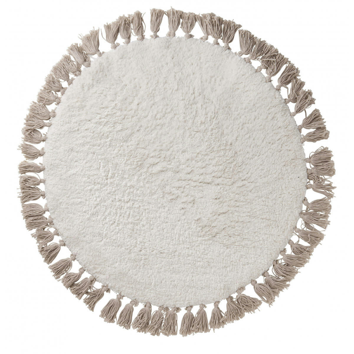 KIDS - Tapis enfant coton uni ecru et taupe à pompons 70x70cm