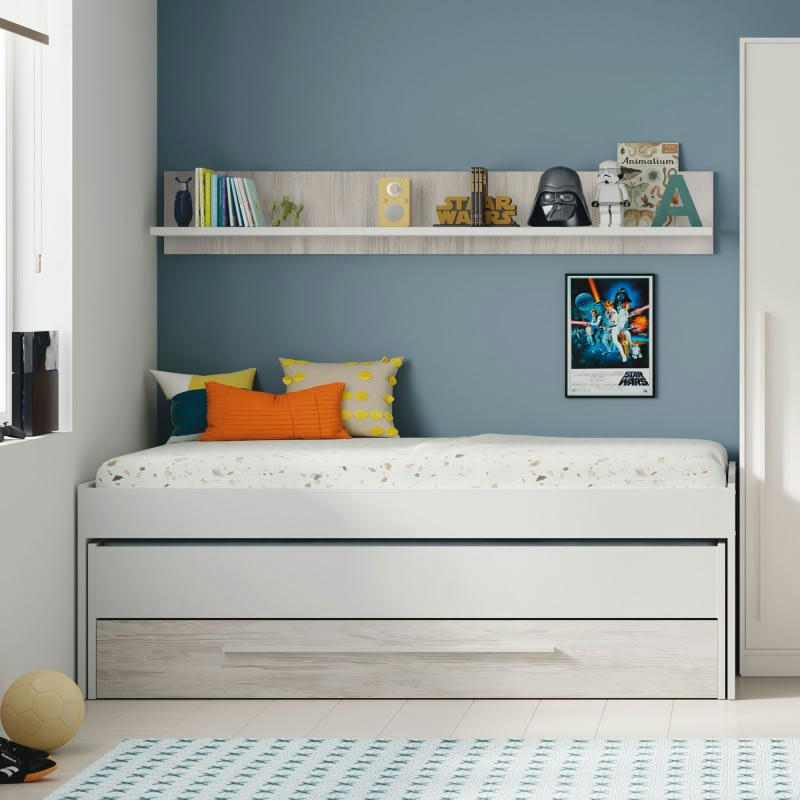 BUZZ - Lit gigogne avec 1 tiroir et 1 étagère - Blanc - L90cm