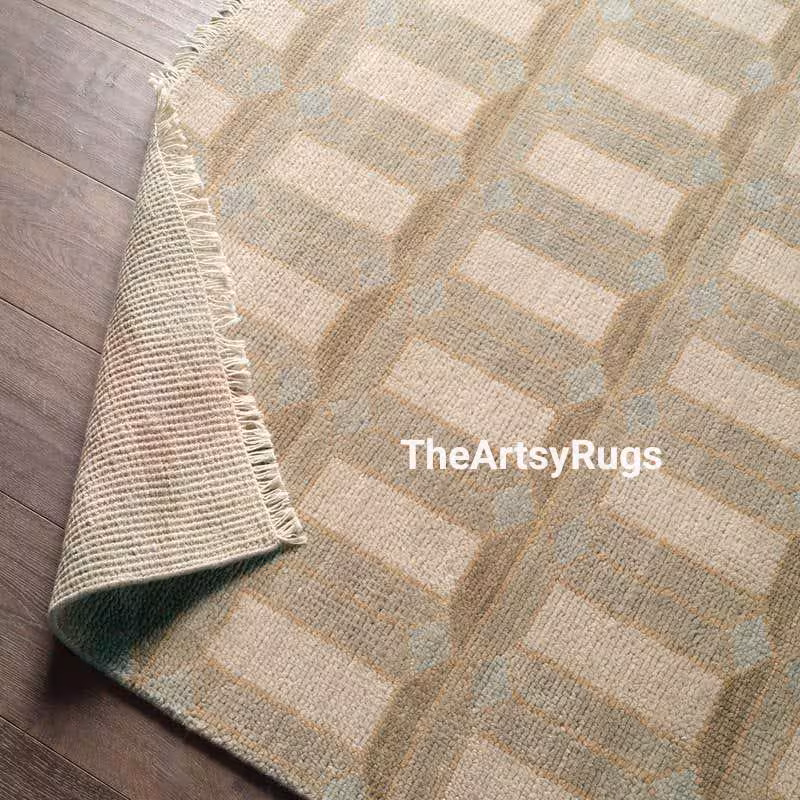 Hand Knotted Geometric Wool Area Rug, Beige Grey and Brown 10x14 Turkish Style Carpet Living Room Bedroom Hallway Decor Rugs Made to Order