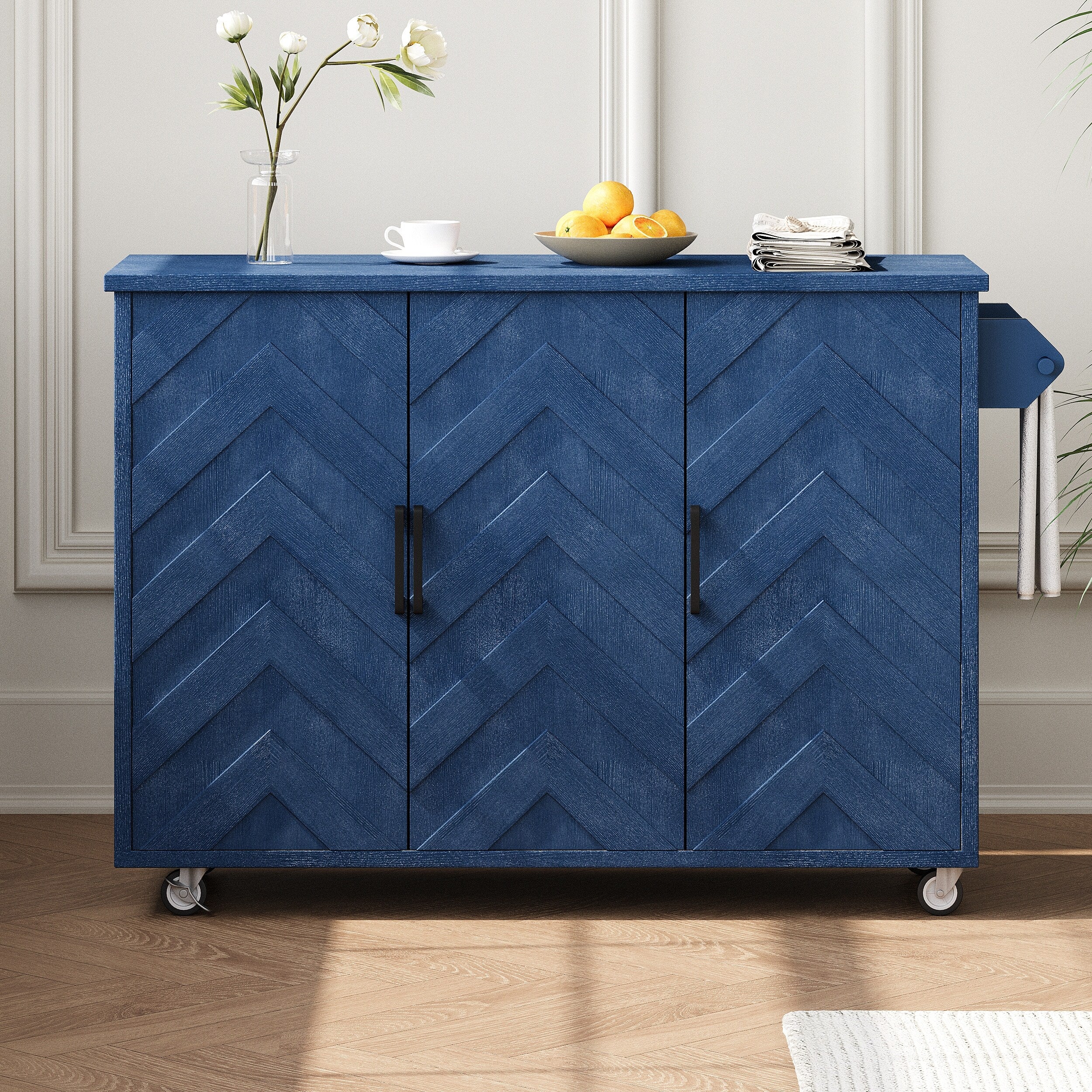 Wave Stripes Wood Finish Kitchen Island, Farmhouse Rolling Wheels Storage Cart wDrop Leaf, Internal Storage Rack for Living Room