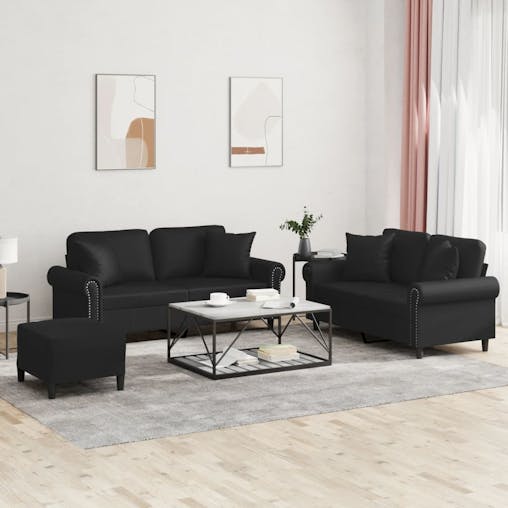 NNEVL 3 Piece Sofa Set with Pillows Black Faux Leather