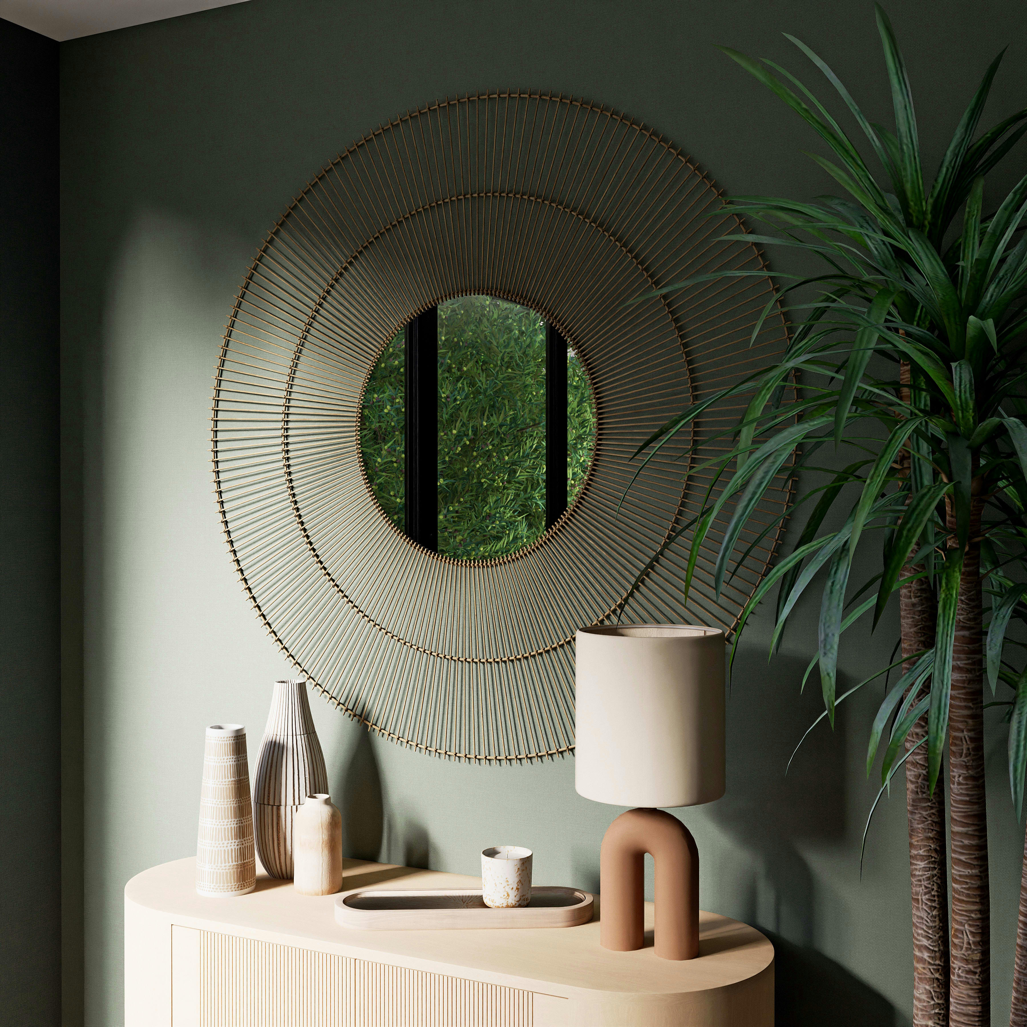 MIRAMAR - Miroir rond en rotin beige D129
