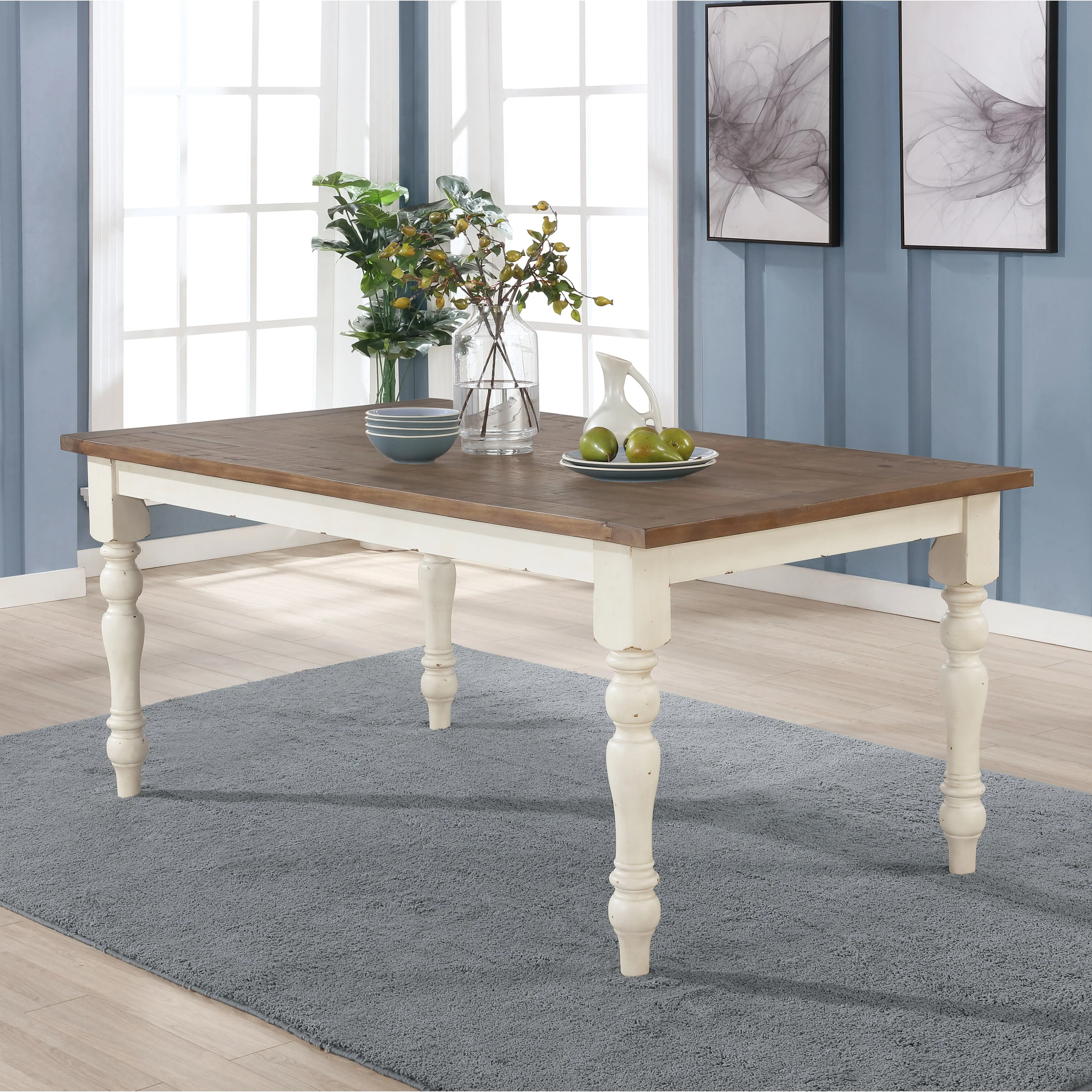 Roundhill Furniture Prato 7-piece Dining Table Set With Cross Back Chairs, Antique White and Distressed Oak