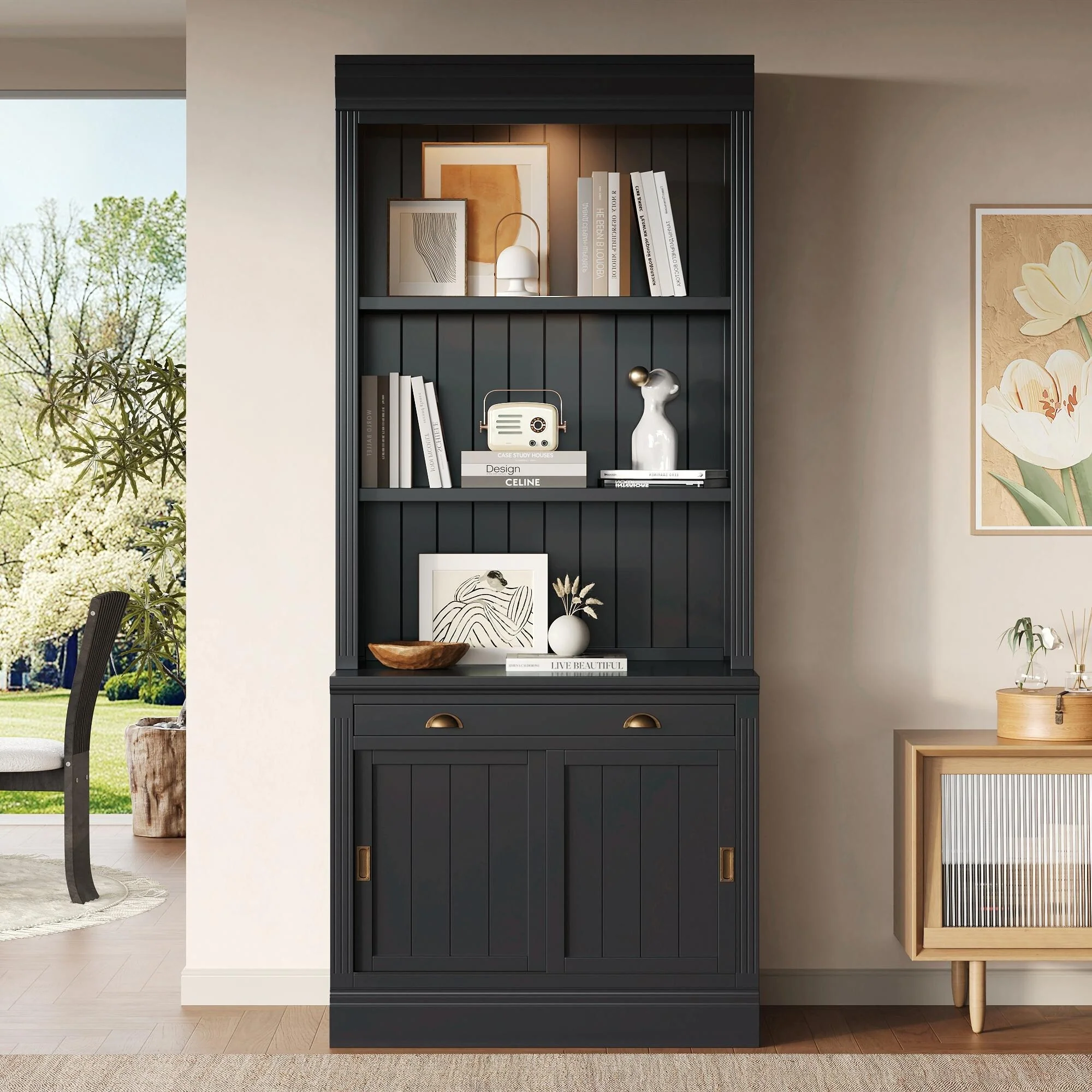 83.4 Tall Bookshelf with LED Lighting, Sliding Doors and Open Shelves