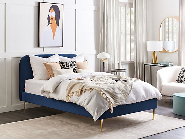 Lit avec sommier Velours FLAYAT 140 x 200 cm Bleu marine