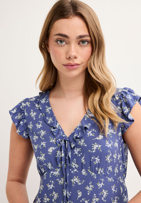 Womens Navy Floral Ruffle Collar Tea Dress
