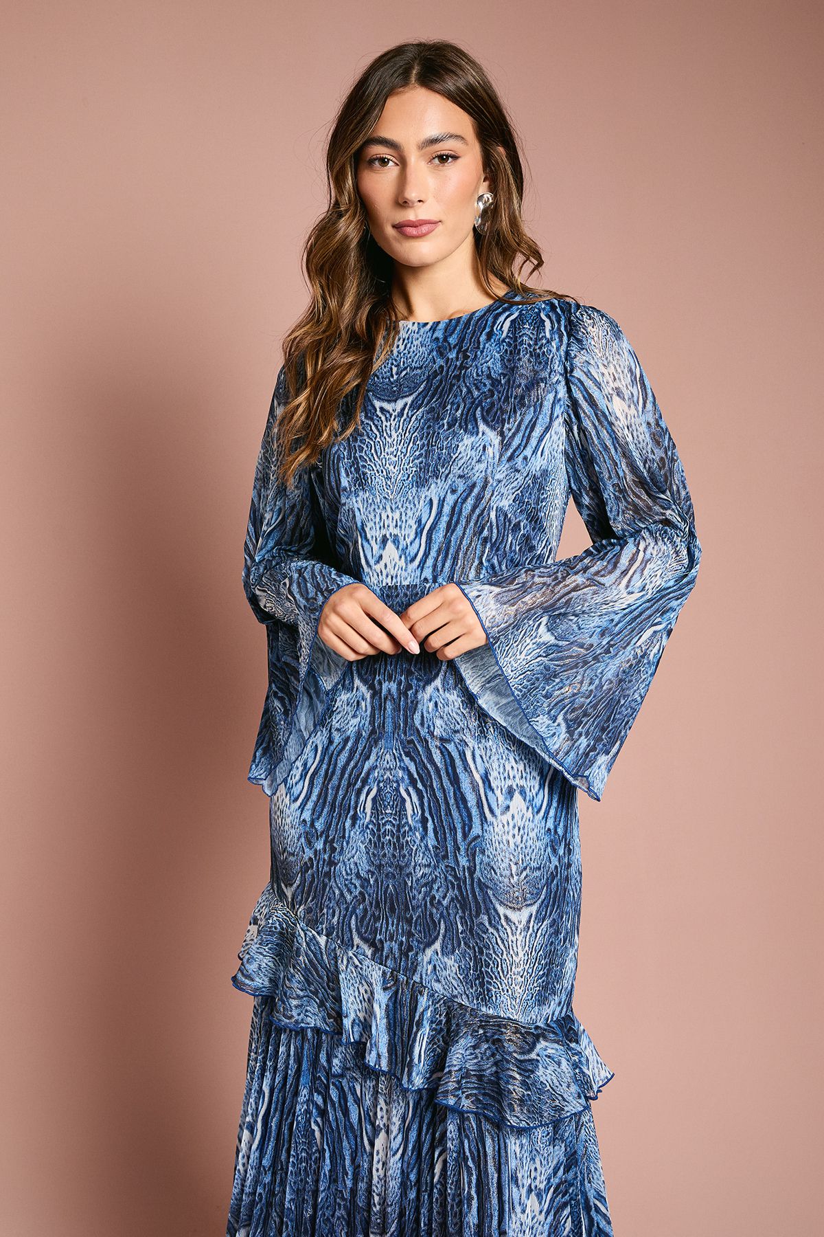 Coast Flare Sleeve Midi Dress With Animal Print