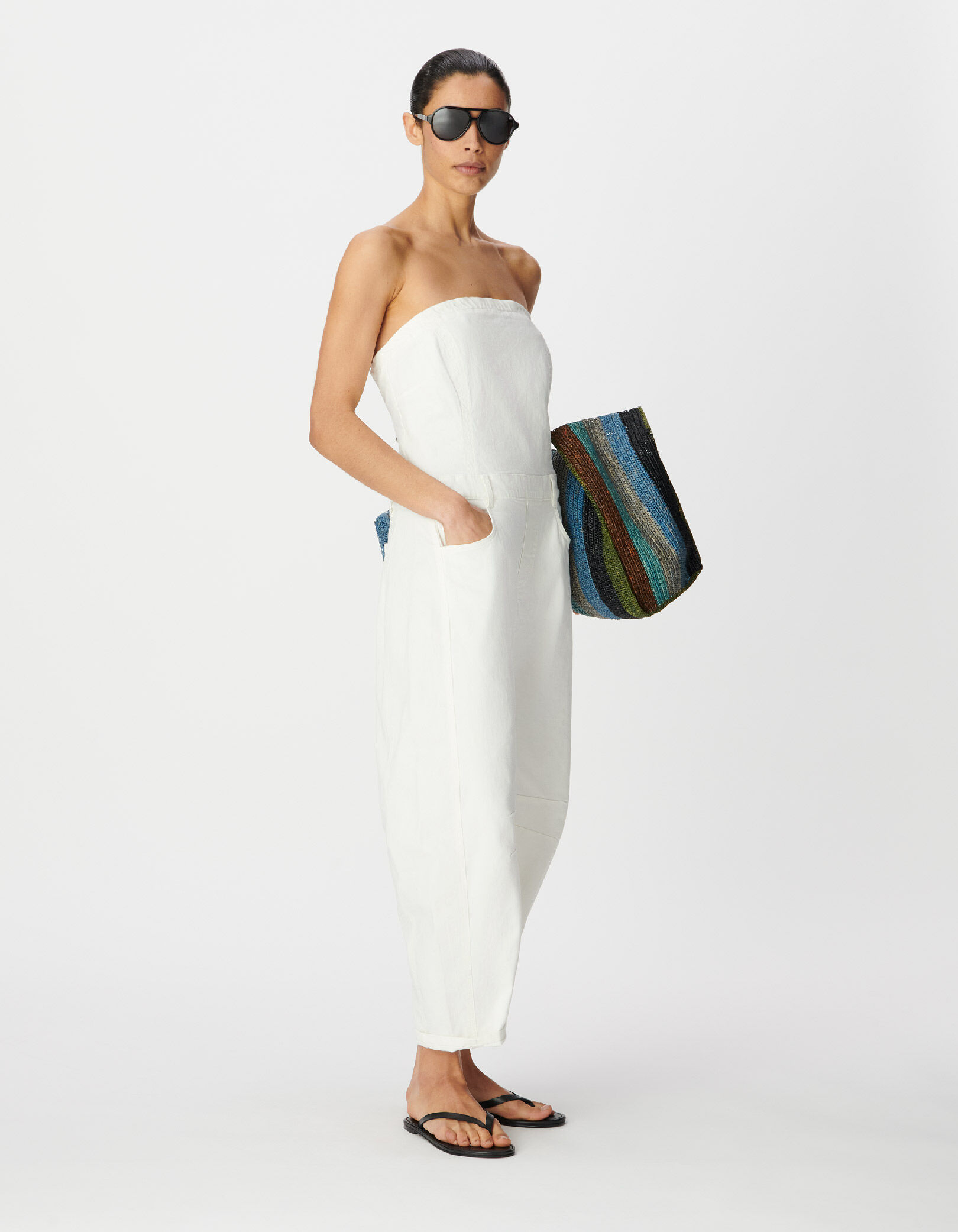 Combinaison bustier en jean blanc forme barrel Femme