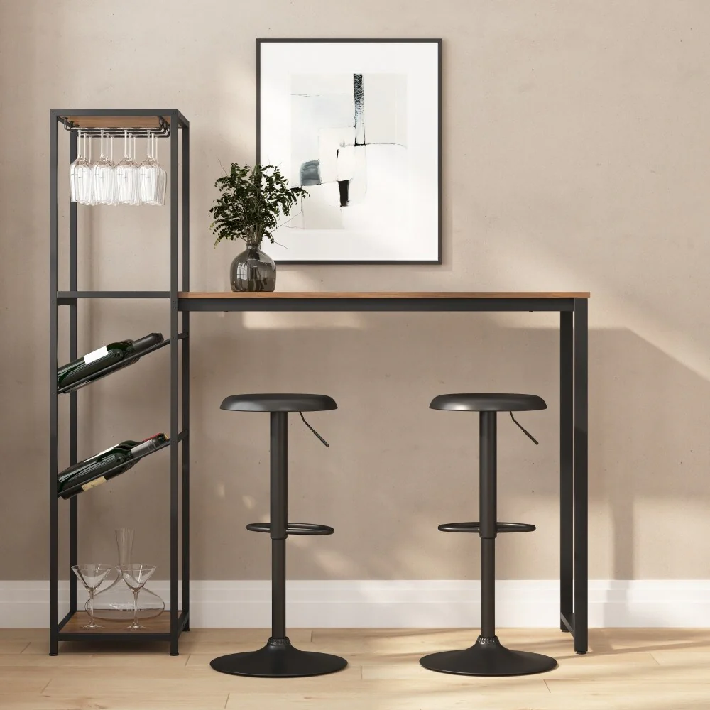 Metal Frame Bar Table with Bottle and Stemware Storage