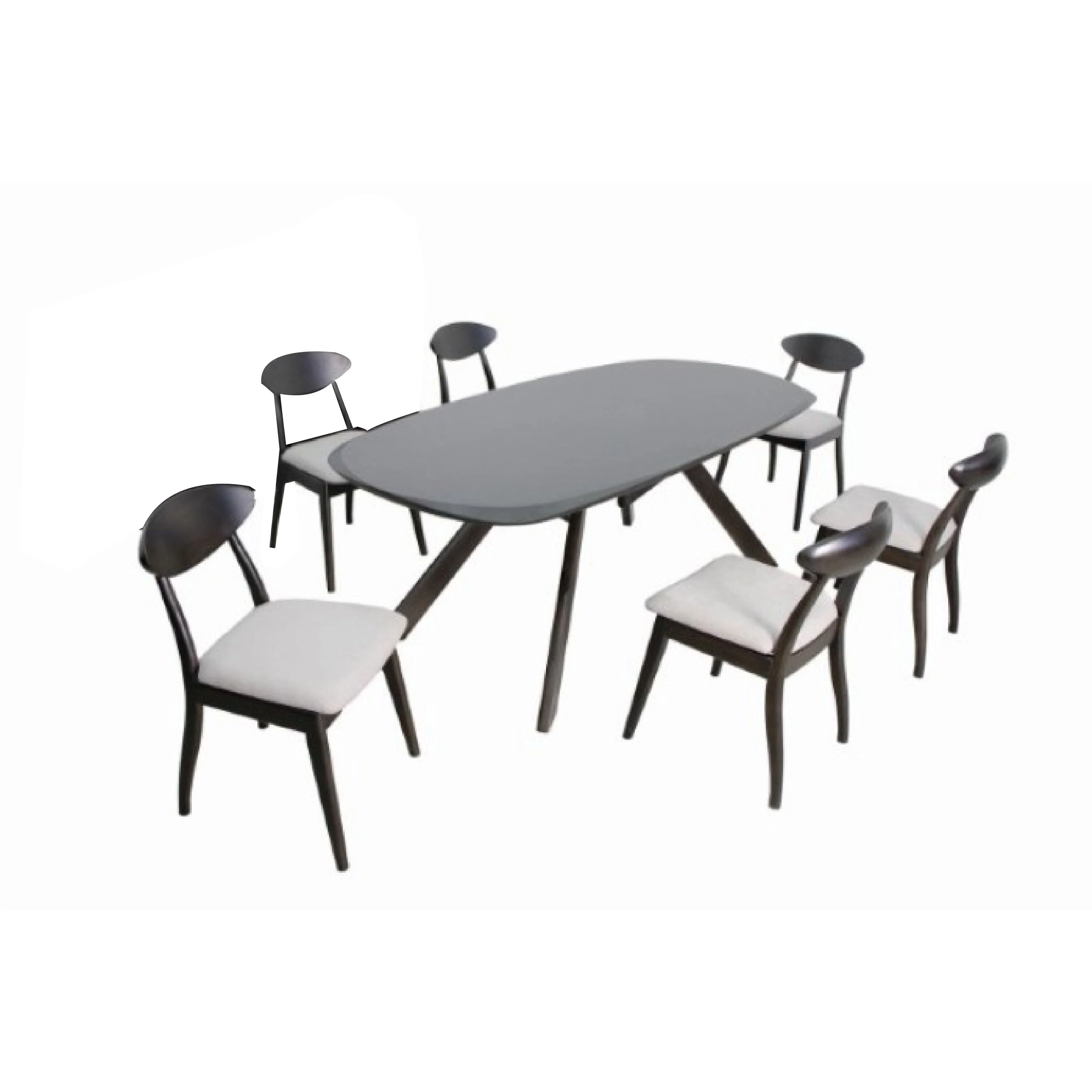 Ziva 7pc Dining Table Set, 6 Fabric Chairs, 3D Cut Edges, Black Wood