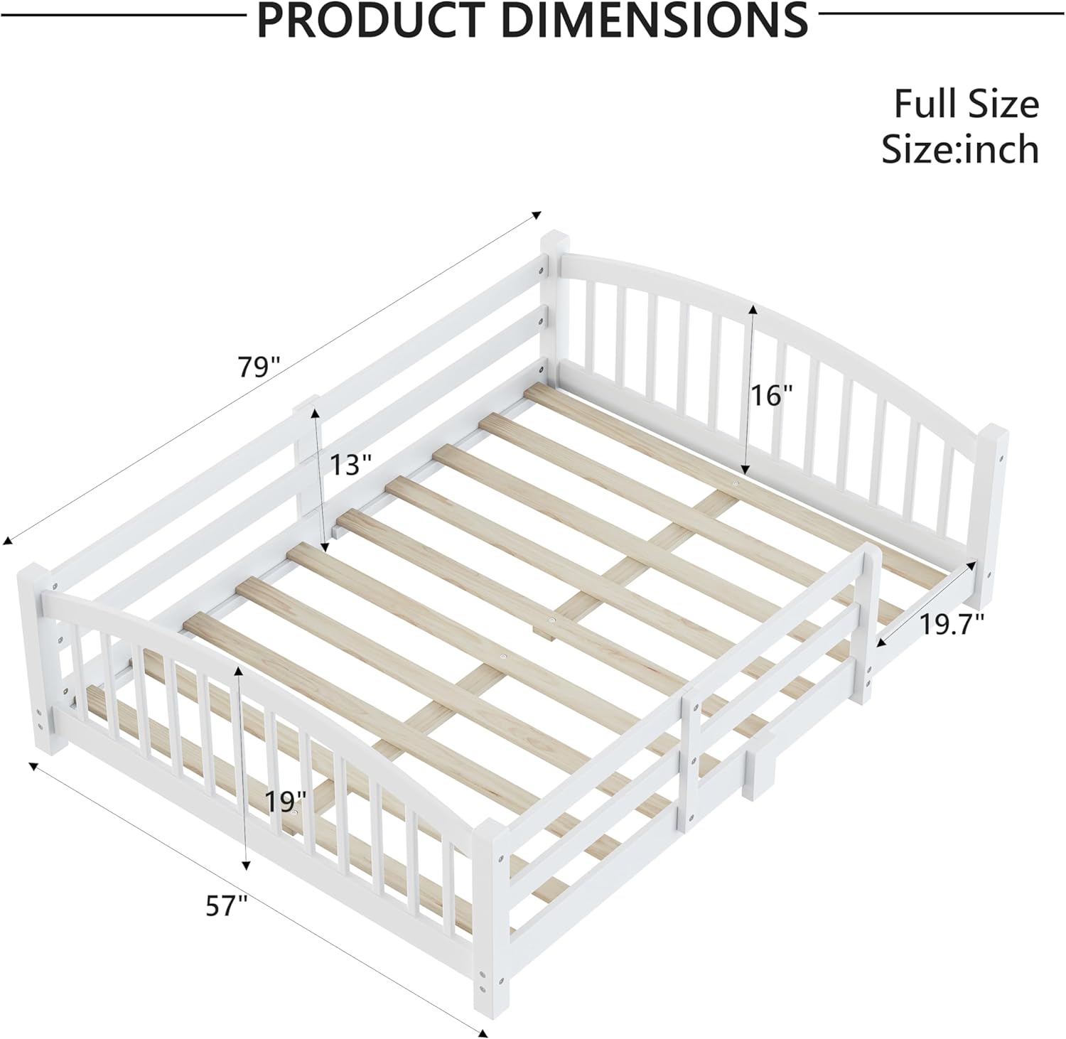 Merax Full Montessori Floor Bed with Safety Guardrails – Solid Wood Kids Bed with Slats & Fence and Without Door, No Box Spring Needed, White