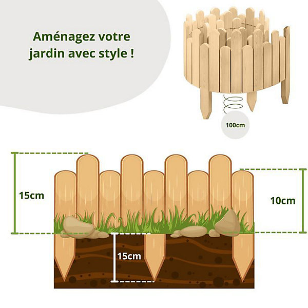 Bordure de jardin - Floranica - Bois de pin - 100 cm - 15 cm - Flexible et naturel