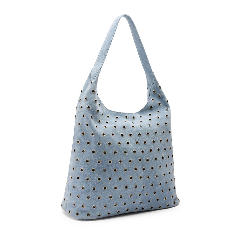 Manfield Licht blauwe suède schoudertas met zilveren studs